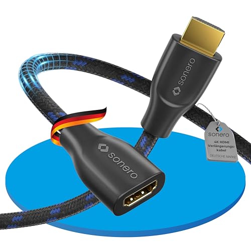 Sonero 4K HDMI Verlängerungskabel, Premium High Speed, 4K 60Hz, HDMI Stecker auf HDMI Buchse, vergoldete Kontakte, zweifache Abschirmung, Baumwollmantel, 0,50m, schwarz