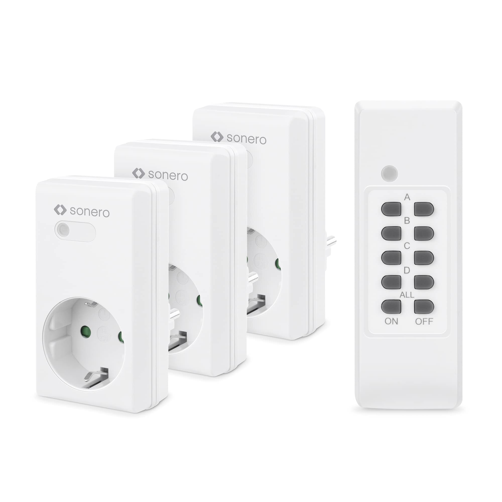 sonero Funksteckdosen Set: 3X Funksteckdose und 1x Funkfernbedienung, 1100 Watt, max. 30m Reichweite, Indoor, weiß