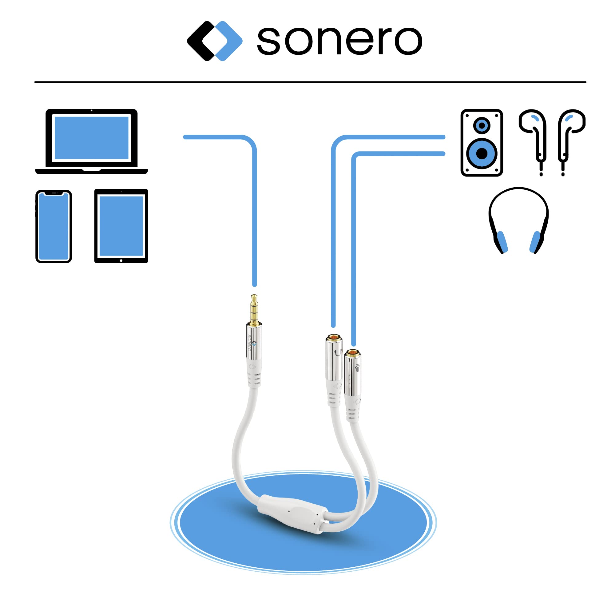 Sonero Headset-Adapter, Y-Adapter-Kabel, 1 x 3,5mm Stecker auf 2X 3,5mm Buchse, Kopfhörer und Mikrofon auf Klinken Anschluss, weiß, 0,25m, S-ACA012
