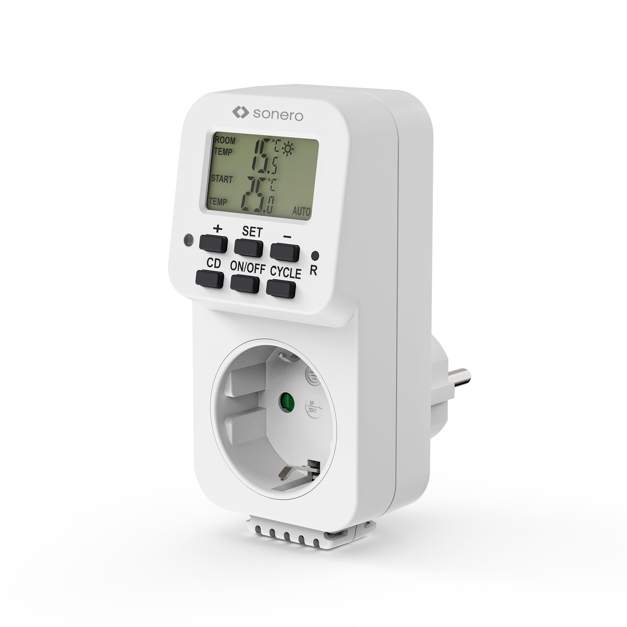 sonero digitales Thermostat Steckdose, Temperaturregler, Heizung, Kühlung, zeitgesteuert mit internem Fühler, für Terrarium, Gewächshaus, Räucherofen, als Frostwächter, 3600 Watt, weiß
