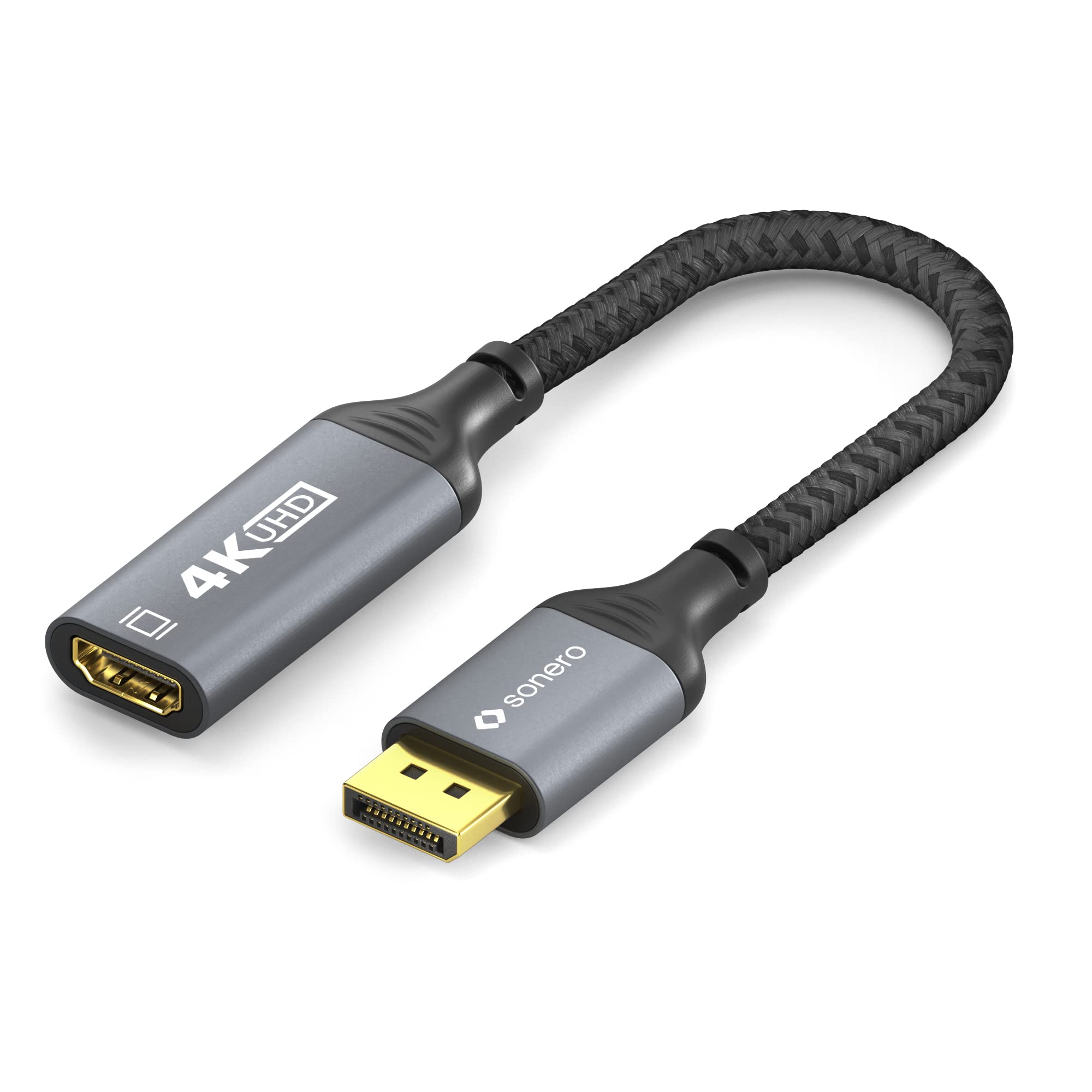 Sonero® 4K DisplayPort 1.2 auf HDMI 2.0 Adapter, DisplayPort Stecker auf HDMI Buchse, 4K 60Hz, 2K 120Hz, Baumwollmantel, grau/schwarz, 0,10 Meter