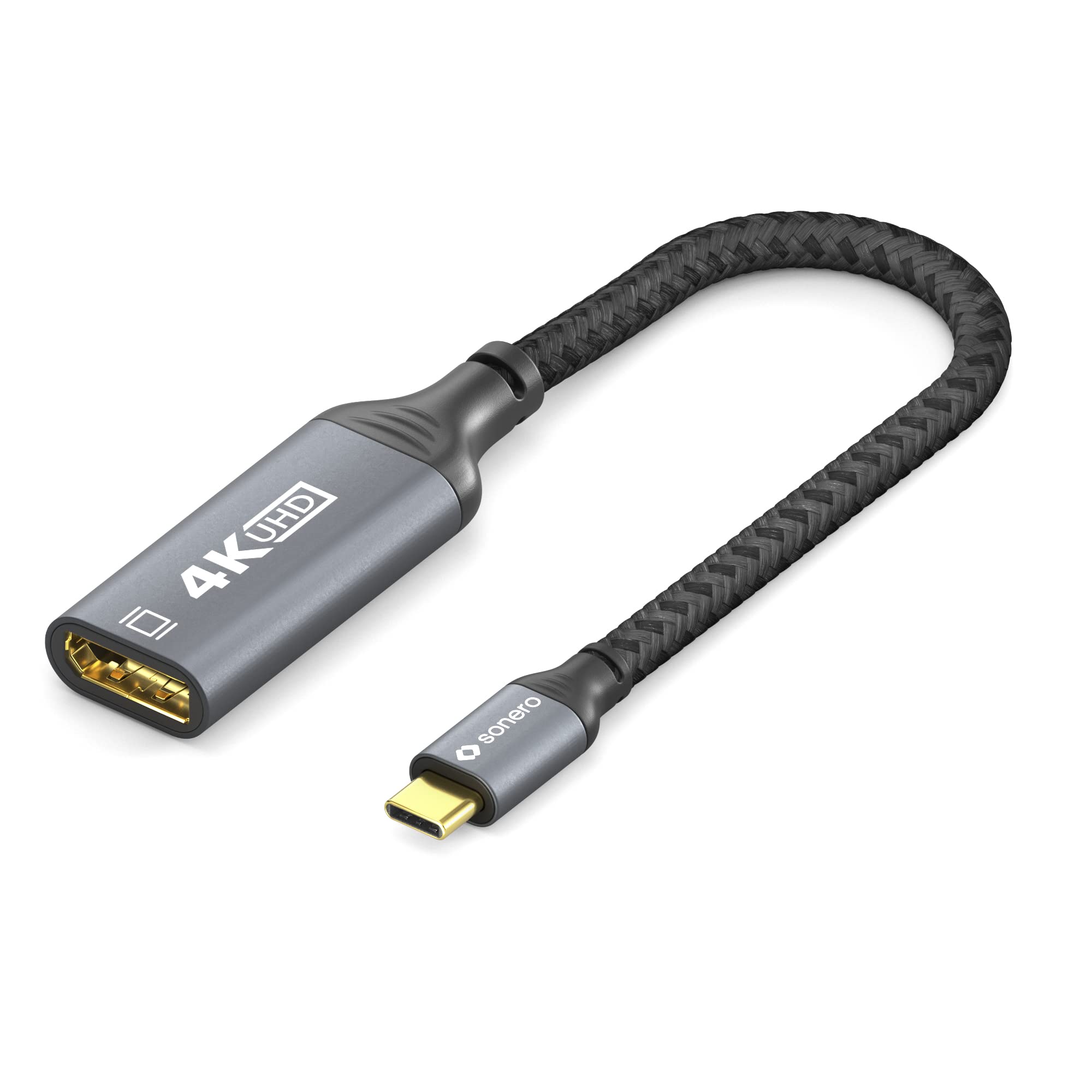 Sonero® 4K USB-C auf DisplayPort Adapter, DisplayPort Buchse auf USB-C Stecker, 4K 60Hz, 18GB/s, Baumwollmantel, grau/schwarz, 0,10 Meter