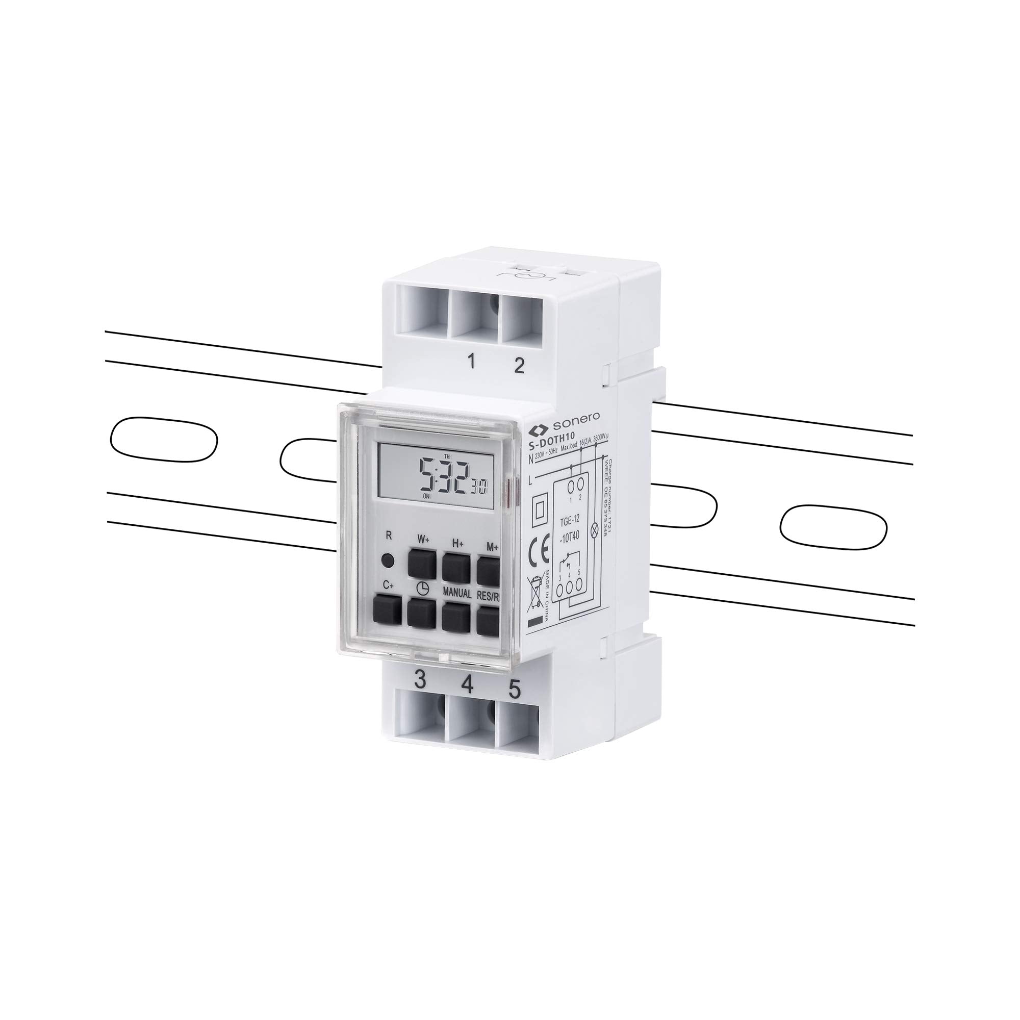 sonero® Digitale Zeitschaltuhr für Hutschienen / Schalttafel Einbau, 3600W, LCD-Display, 10 Schaltprogramme (Wochen-, Tages- und Minutenprogramm), 12/24h Timer, IP20, weiß, S-DOTH10