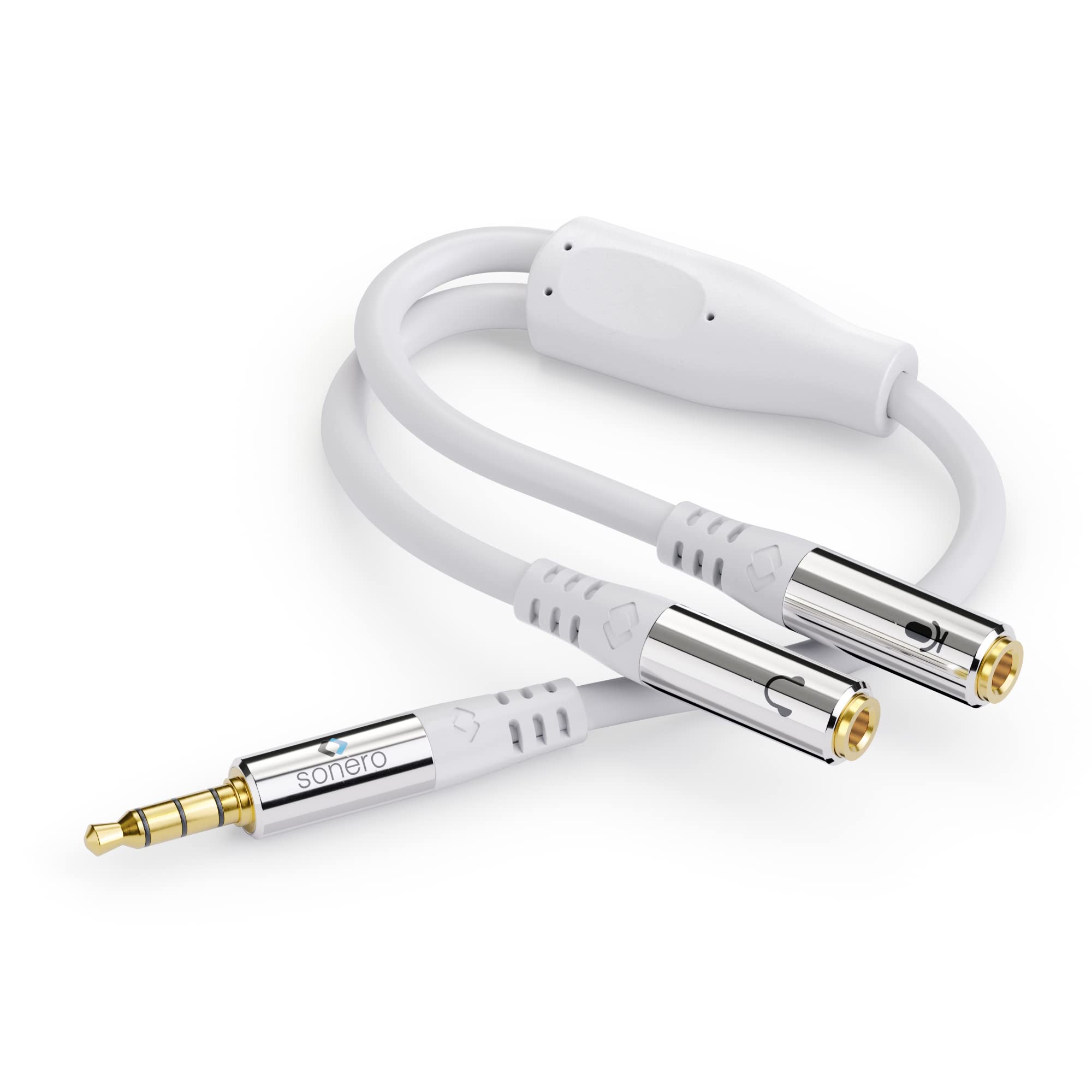 Sonero Headset-Adapter, Y-Adapter-Kabel, 1 x 3,5mm Stecker auf 2X 3,5mm Buchse, Kopfhörer und Mikrofon auf Klinken Anschluss, weiß, 0,25m, S-ACA012