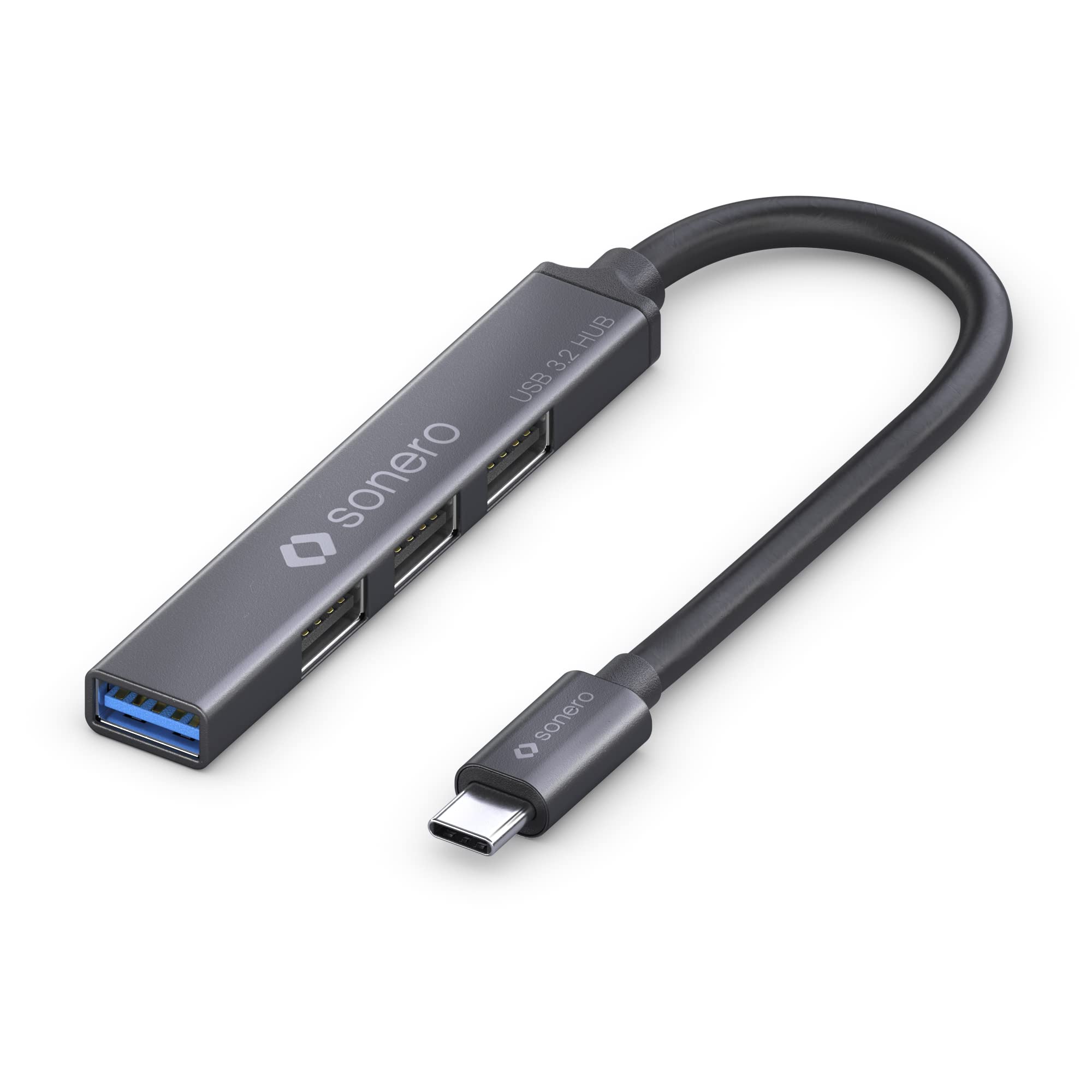 Sonero USB-Hub, USB-Verteiler, 4-Port, 1x USB 3.2 mit 5 GB/s, 3X USB 2.0 mit 480 MB/s, USB-C Stecker, Ultra Slim, Space Grey, 0,15m