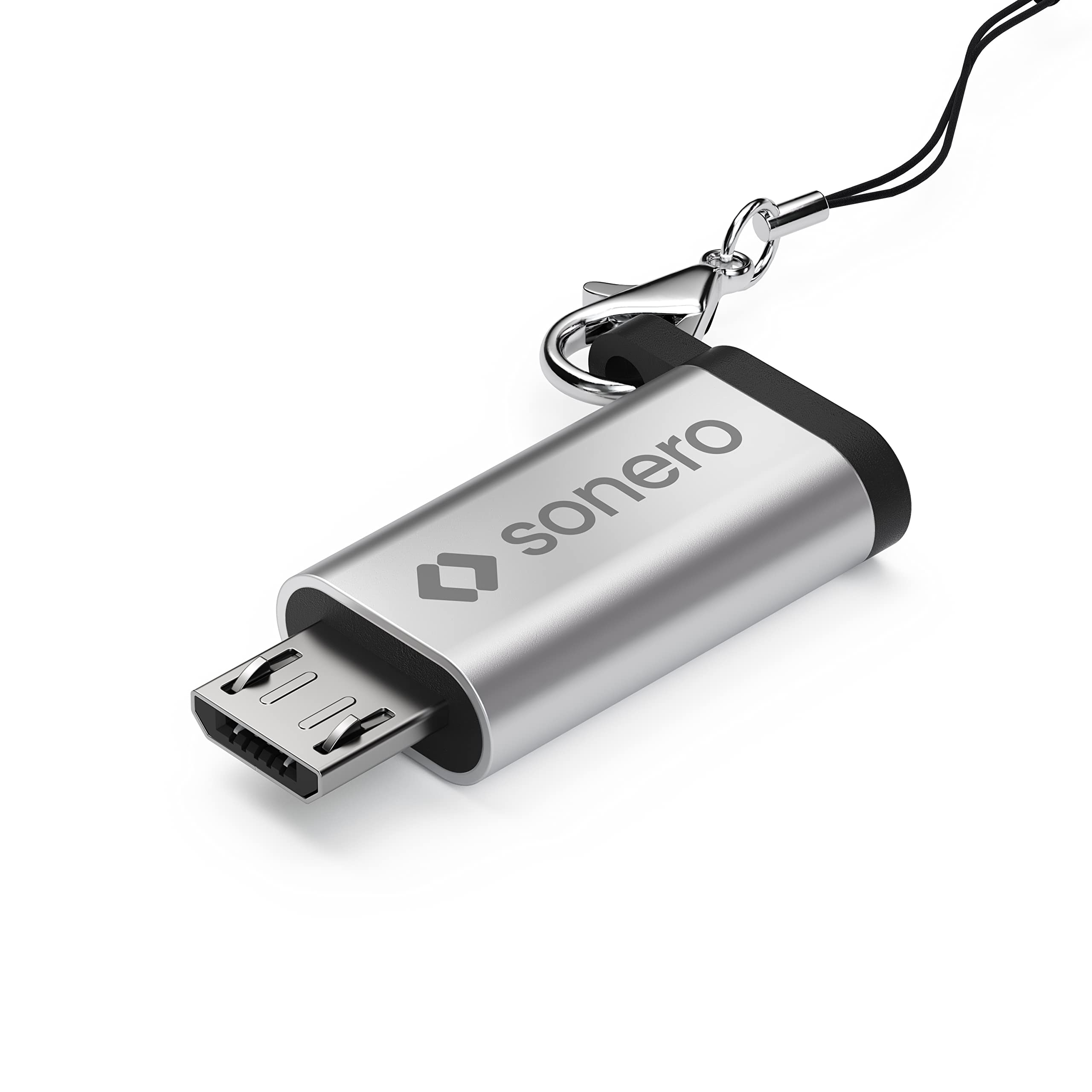 Sonero Micro USB auf USB-C Adapter, kompatibel mit Apple Geräten, OTG Unterstützung, Perfekt für e-Bikes geeignet, inkl. Schlaufe/Karabiner, Aluminium Gehäuse, Silber