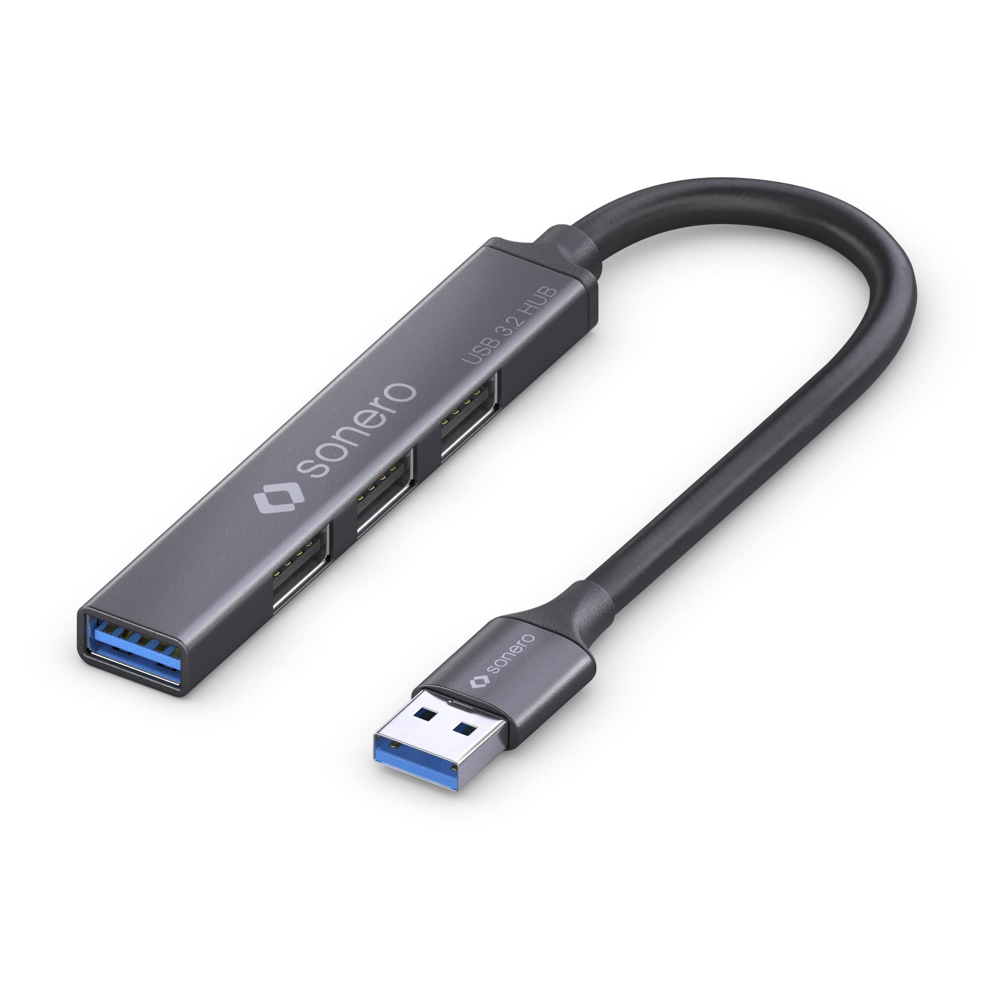 Sonero USB-Hub, 4-Port Verteiler, 1x 3.2 Mit 5 GB/s, 3x 2.0 Mit 480 MB/s, A Stecker, Ultra Slim, Space Grey, 0,15m, S-UH100-001