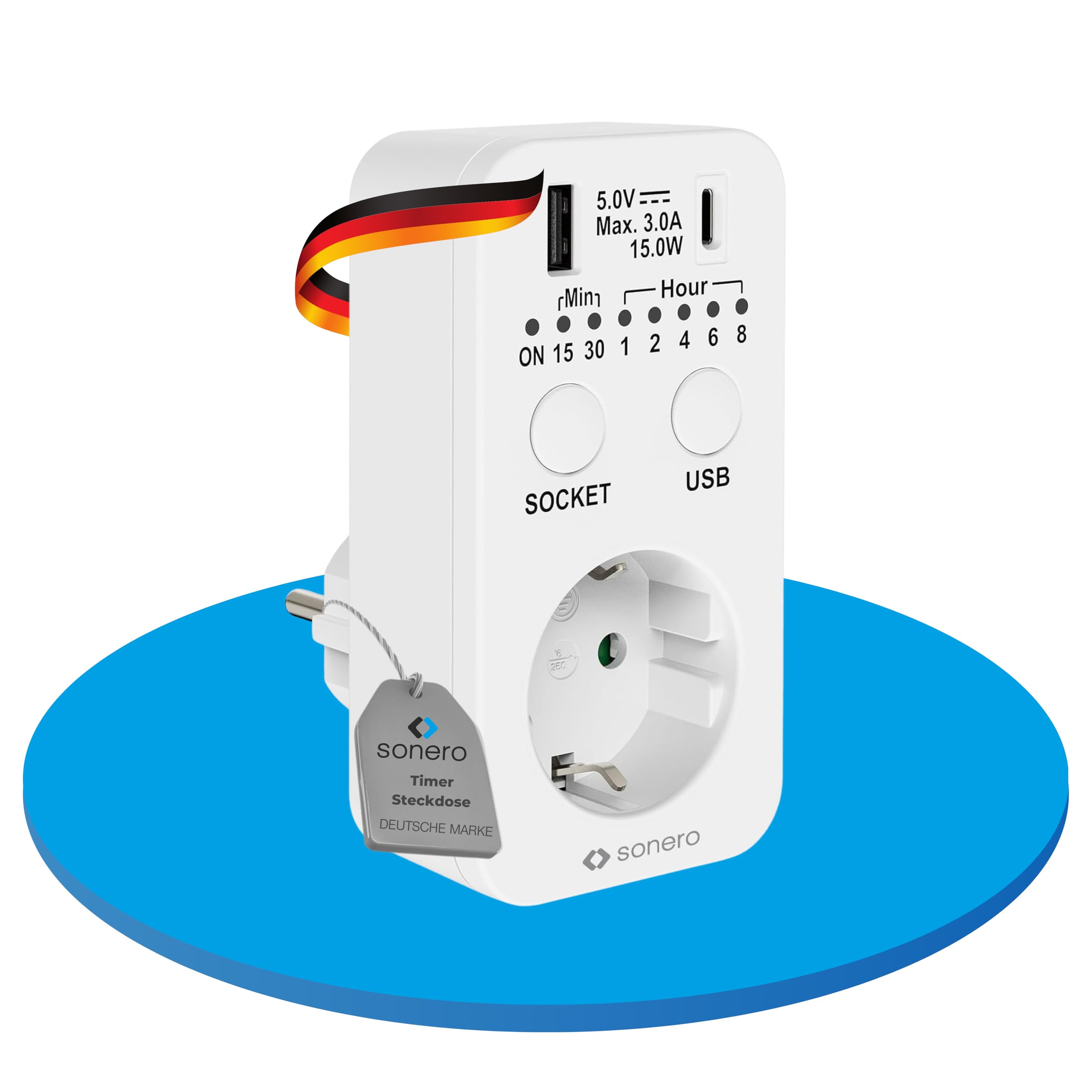 Sonero Timer Steckdose, Countdown Schaltsteckdose, Schaltuhr 230V, Timersteckdose mit USB und USB C Anschluss, Zeitschaltsteckdose programmierbar, Zeitschalter weiß