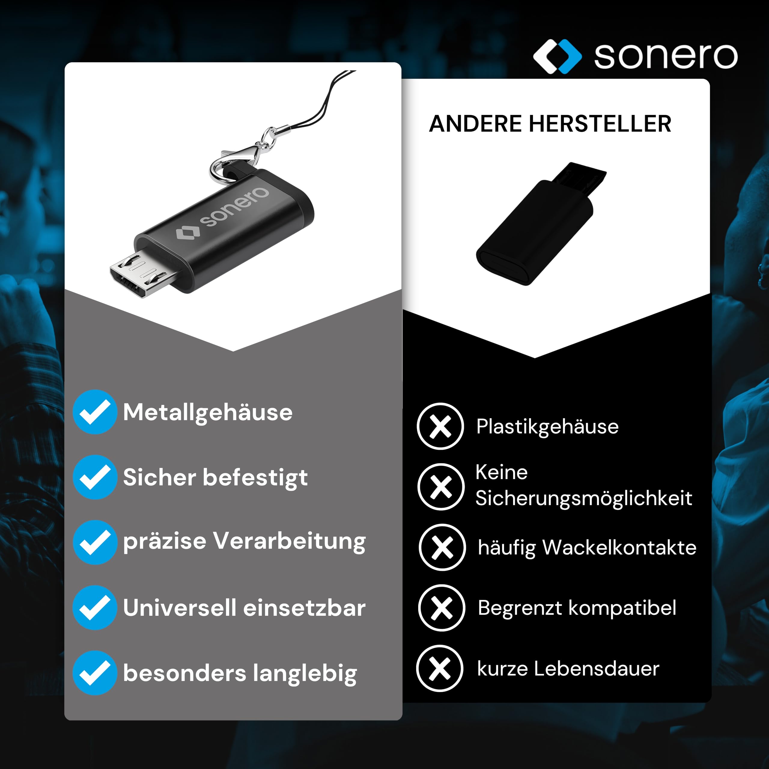Sonero Micro USB auf USB-C Adapter, kompatibel mit Apple Geräten, OTG Unterstützung, Perfekt für e-Bikes geeignet, inkl. Schlaufe/Karabiner, Aluminium Gehäuse, schwarz