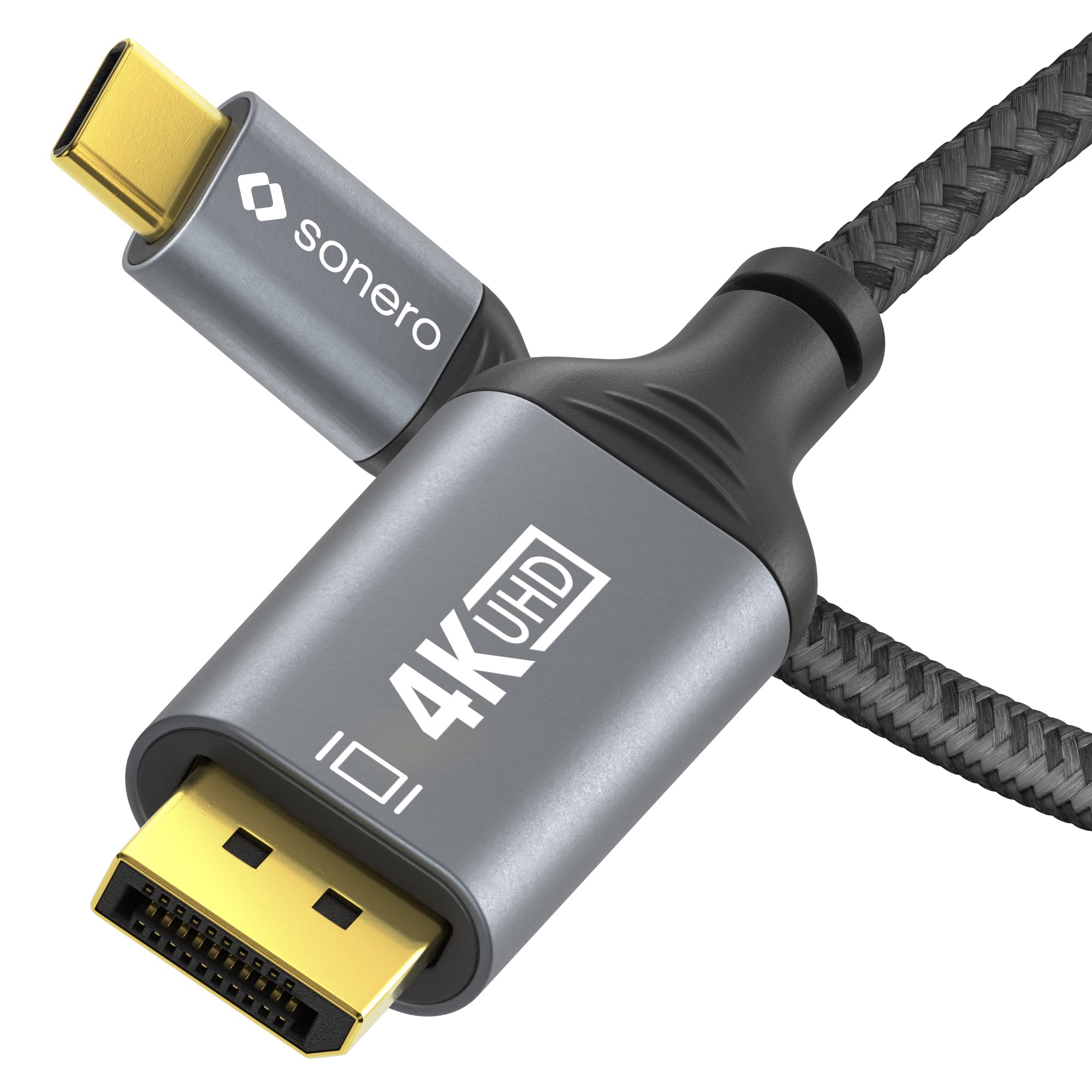Sonero® 4K USB-C auf DisplayPort Kabel, DisplayPort Stecker auf USB-C Stecker, 4K 60Hz, 21,6 GB/s, Baumwollmantel, grau/schwarz, 1,00 Meter