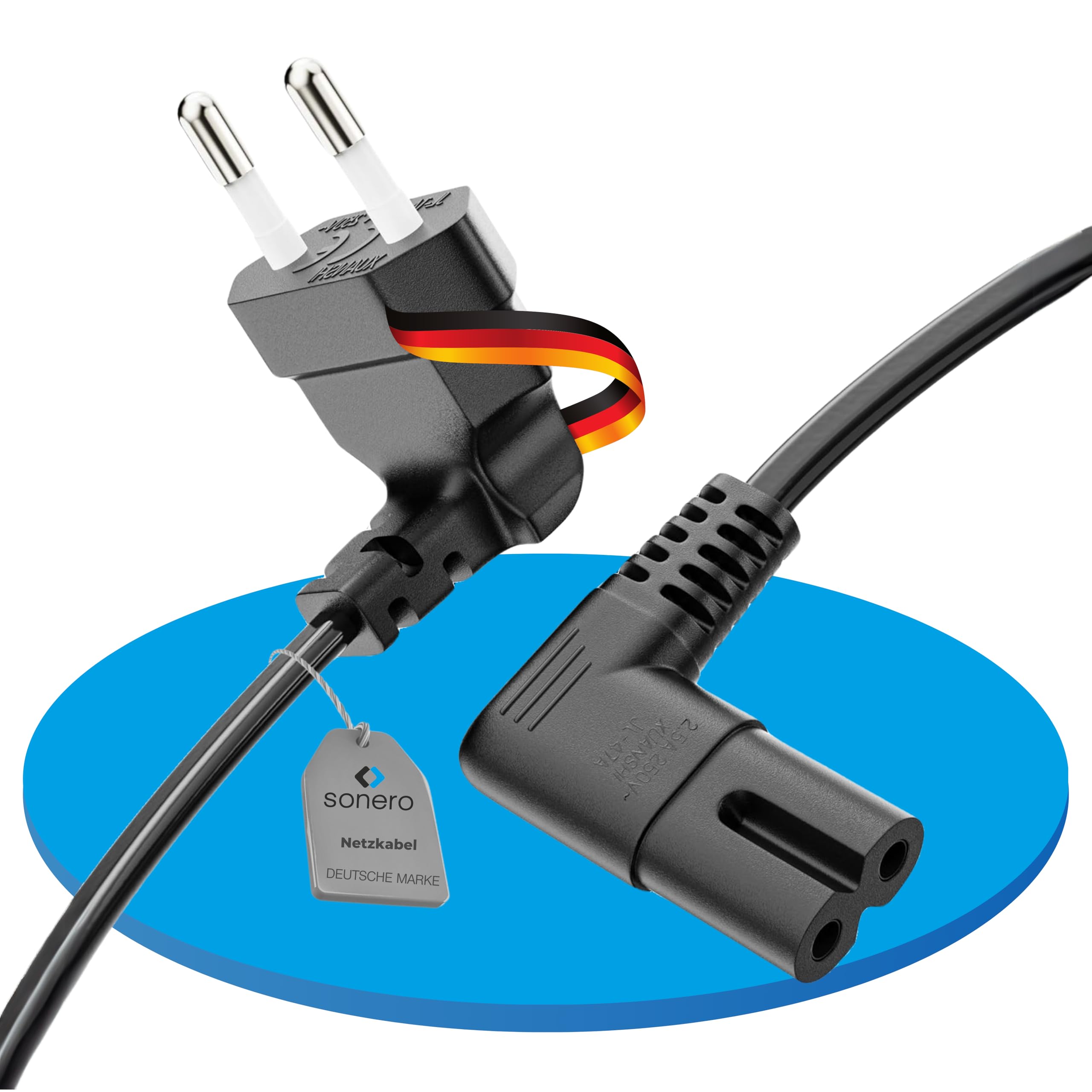 sonero Stromkabel Netzkabel 2 Polig, 1,0m, Eurostecker Typ C Netzstecker auf IEC Buchse C7 Euro 8 Stecker, 90° Winkel Netzteil Strom Kabel für TV, PS5, PS4, PS3, Haushaltsgeräte, Schwarz