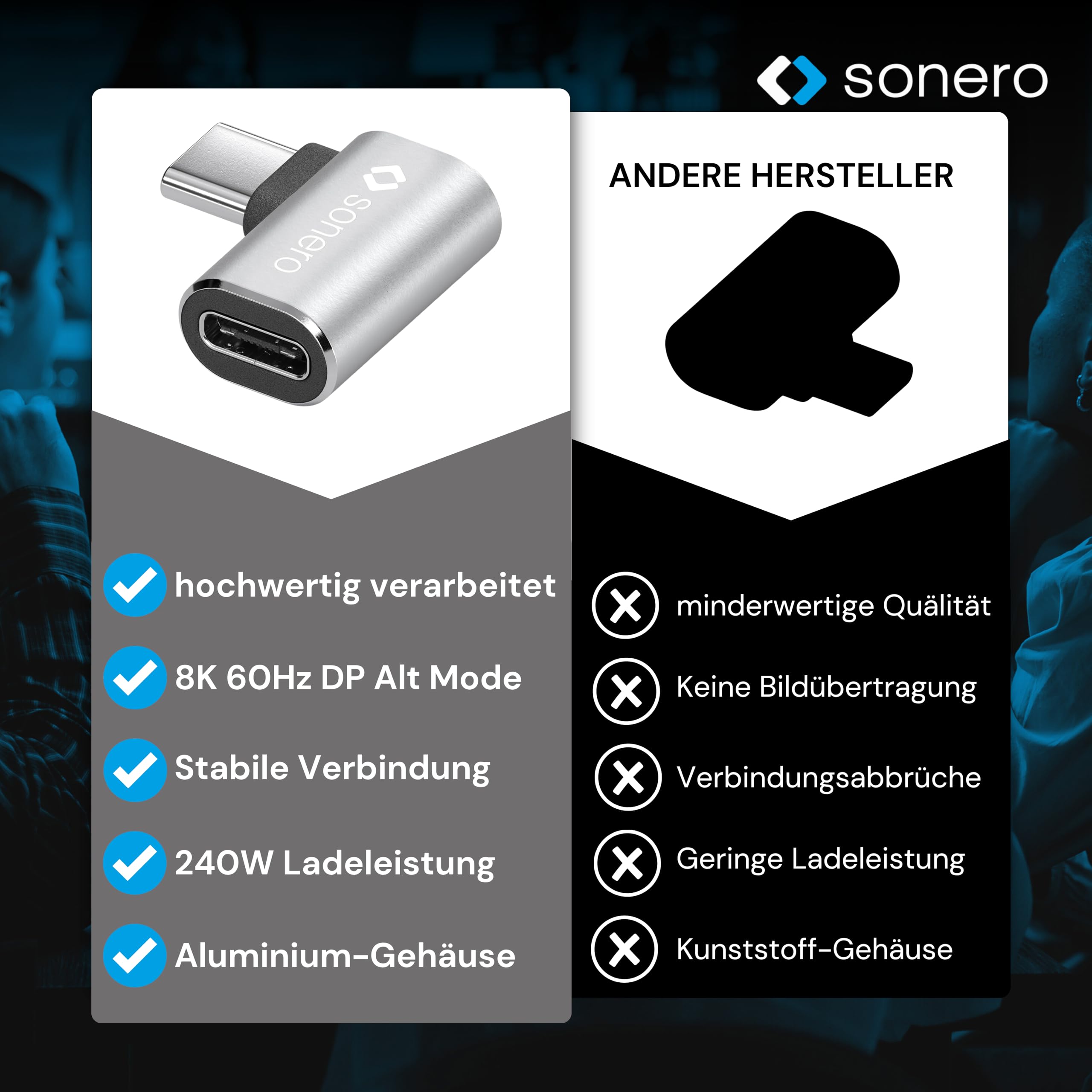 Sonero USB-C Stecker auf 90° Winkel USB-C Buchse (1er), Adapter, USB-C Adapter, 40Gbps, 240W, 8K60Hz, Aluminium Gehäuse, Silber
