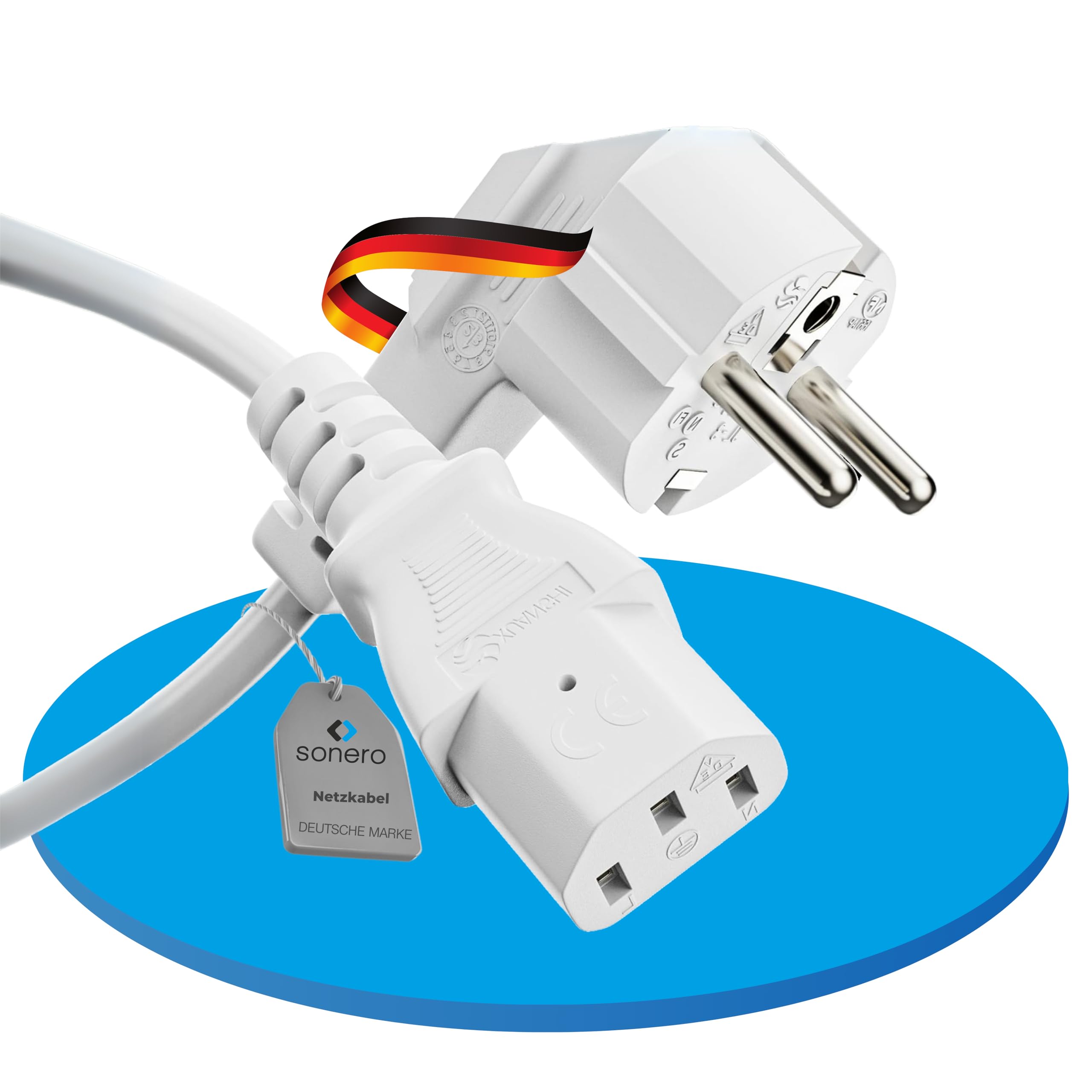sonero Stromkabel Kaltgerätekabel 3 Polig, 10,0m, 90° Winkel Schutzkontakt Stecker Netzstecker auf Kaltgerätekupplung C13 Buchse, Netzkabel Netzteil Strom Kabel für Monitor PC Drucker, Weiß