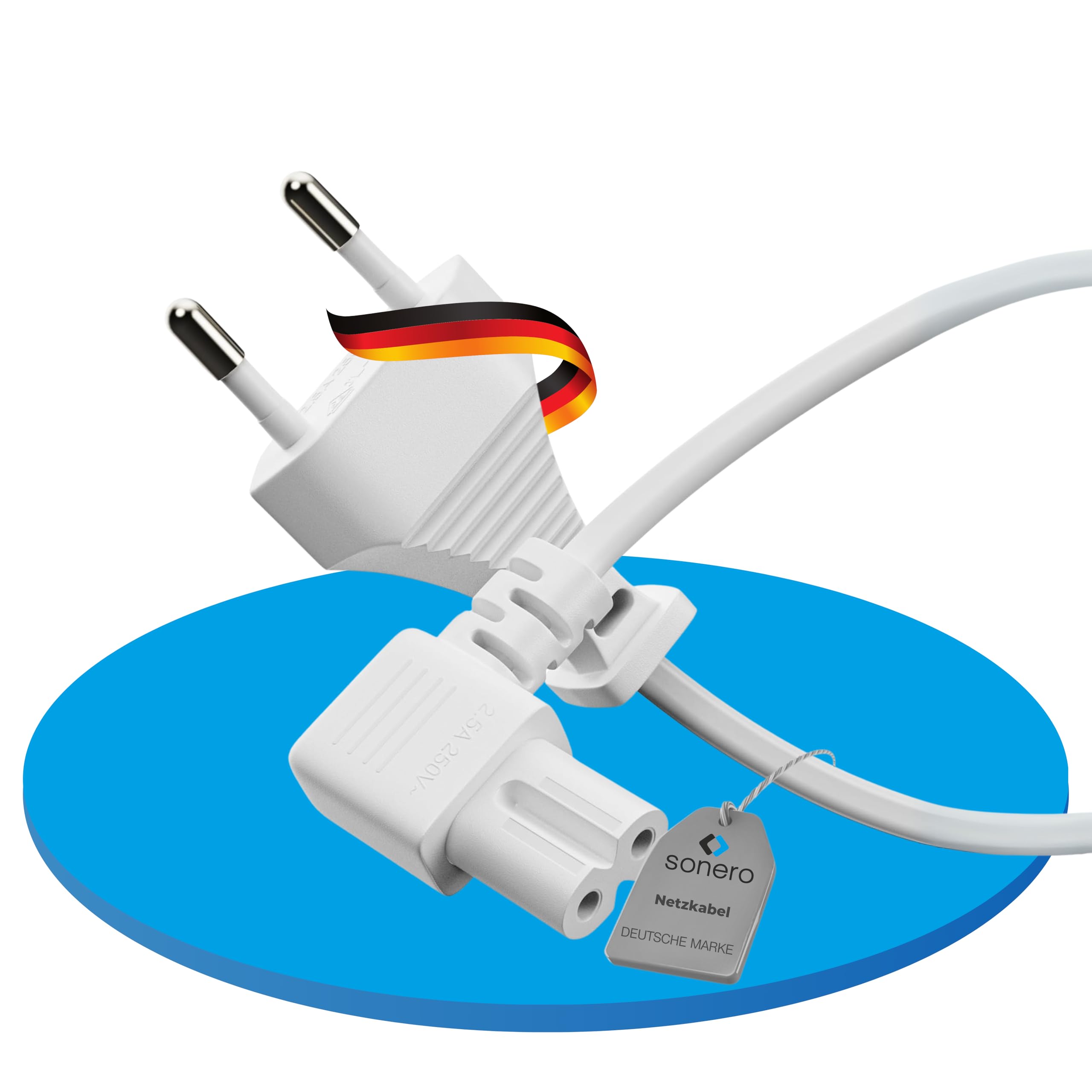 sonero Stromkabel Netzkabel 2 Polig, 1,0m, Eurostecker Typ C Netzstecker auf IEC Buchse C7 Euro 8 Stecker, 90° Winkel Netzteil Strom Kabel für TV, PS5, PS4, PS3, Haushaltsgeräte, Weiß