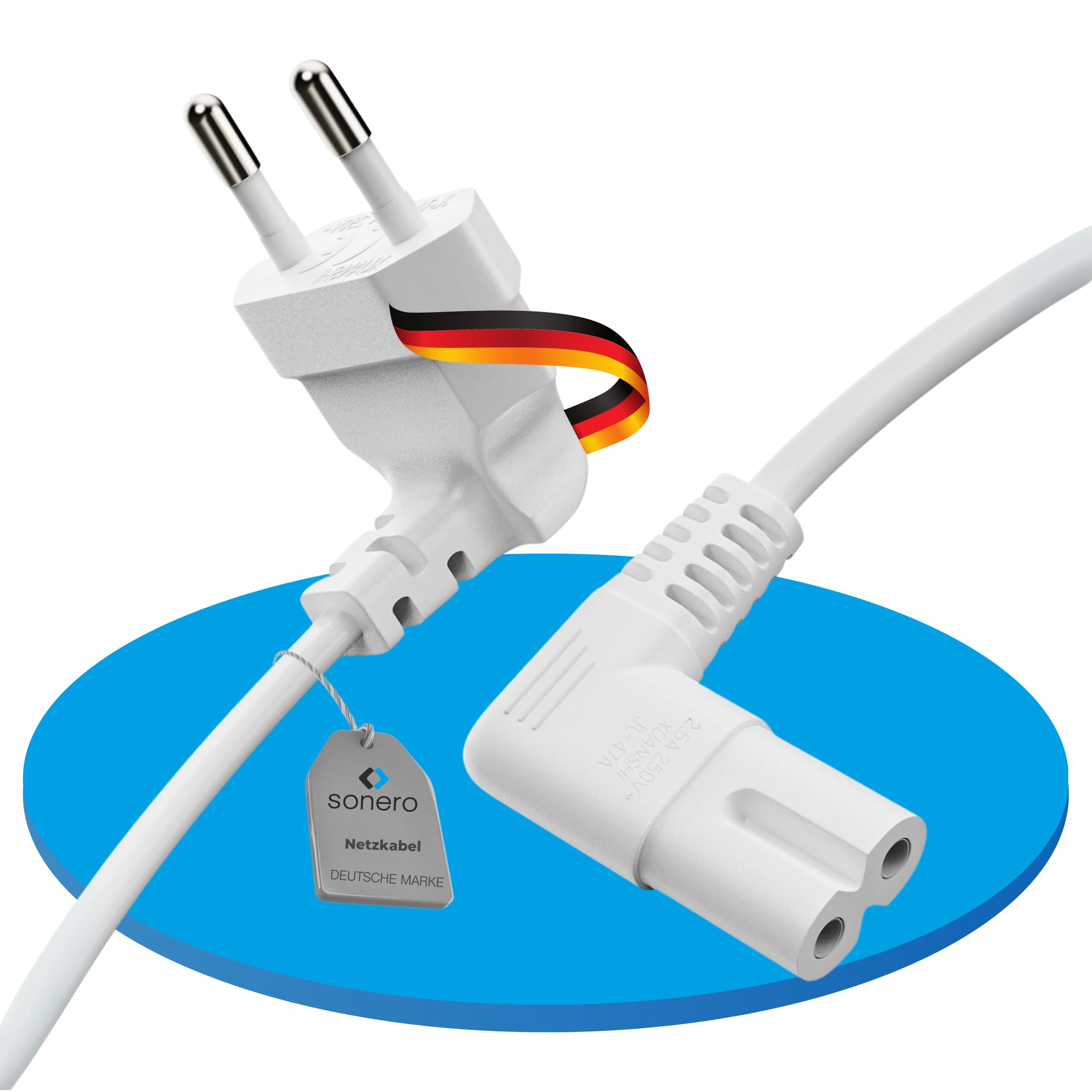 sonero Stromkabel Netzkabel 2 Polig, 2,0m, Eurostecker Typ C Netzstecker auf IEC Buchse C7 Euro 8 Stecker, 90° Winkel Netzteil Strom Kabel für TV, PS5, PS4, PS3, Haushaltsgeräte, Weiß