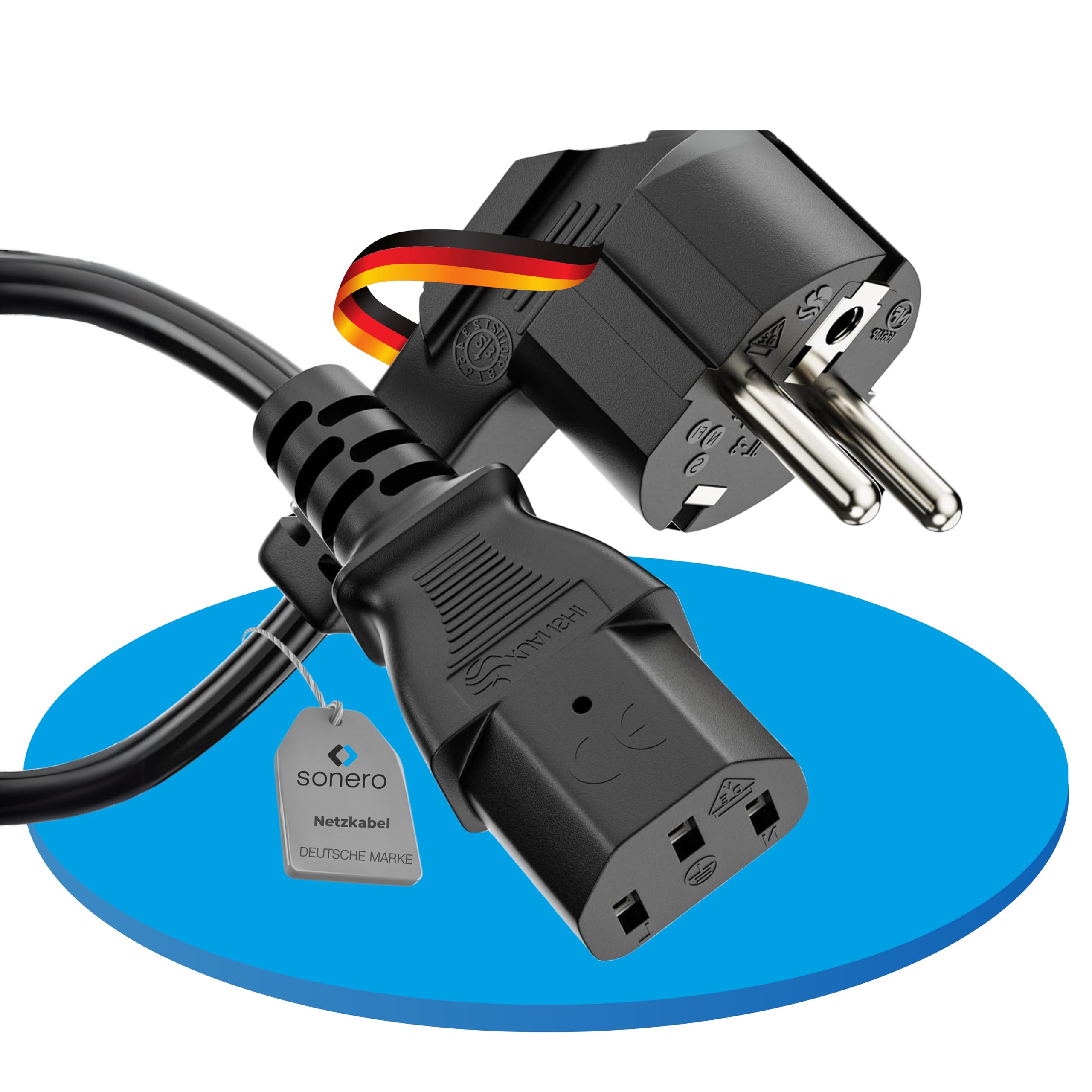 sonero Stromkabel Kaltgerätekabel 3 Polig, 15,0m, 90° Winkel Schutzkontakt Stecker Netzstecker auf Kaltgerätekupplung C13 Buchse, Netzkabel Netzteil Strom Kabel für Monitor PC Drucker, Schwarz