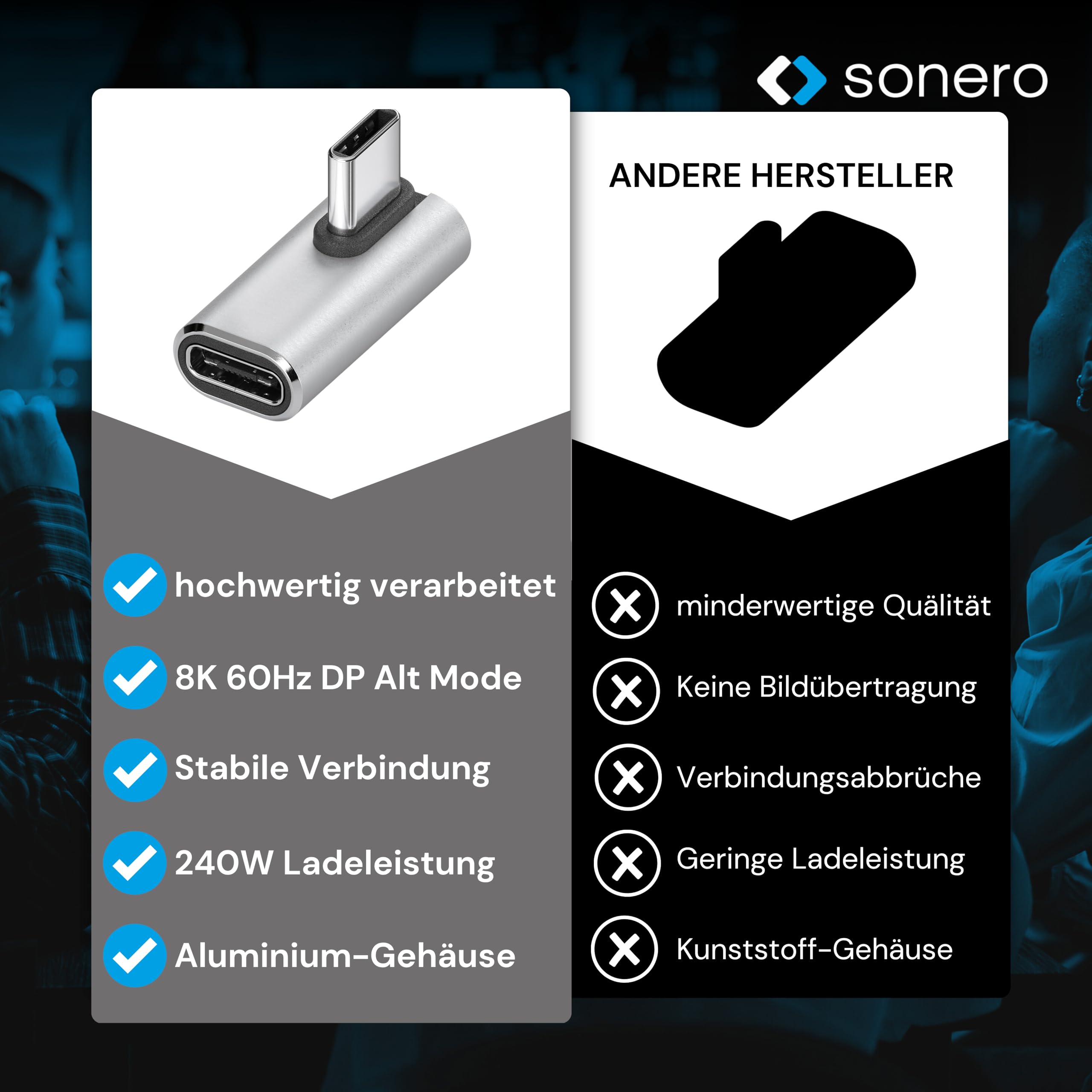 Sonero USB-C Stecker auf 90° Winkel USB-C Buchse (1er), Adapter, 40Gbps240W, 8K60Hz, Aluminium Gehäuse, Silber