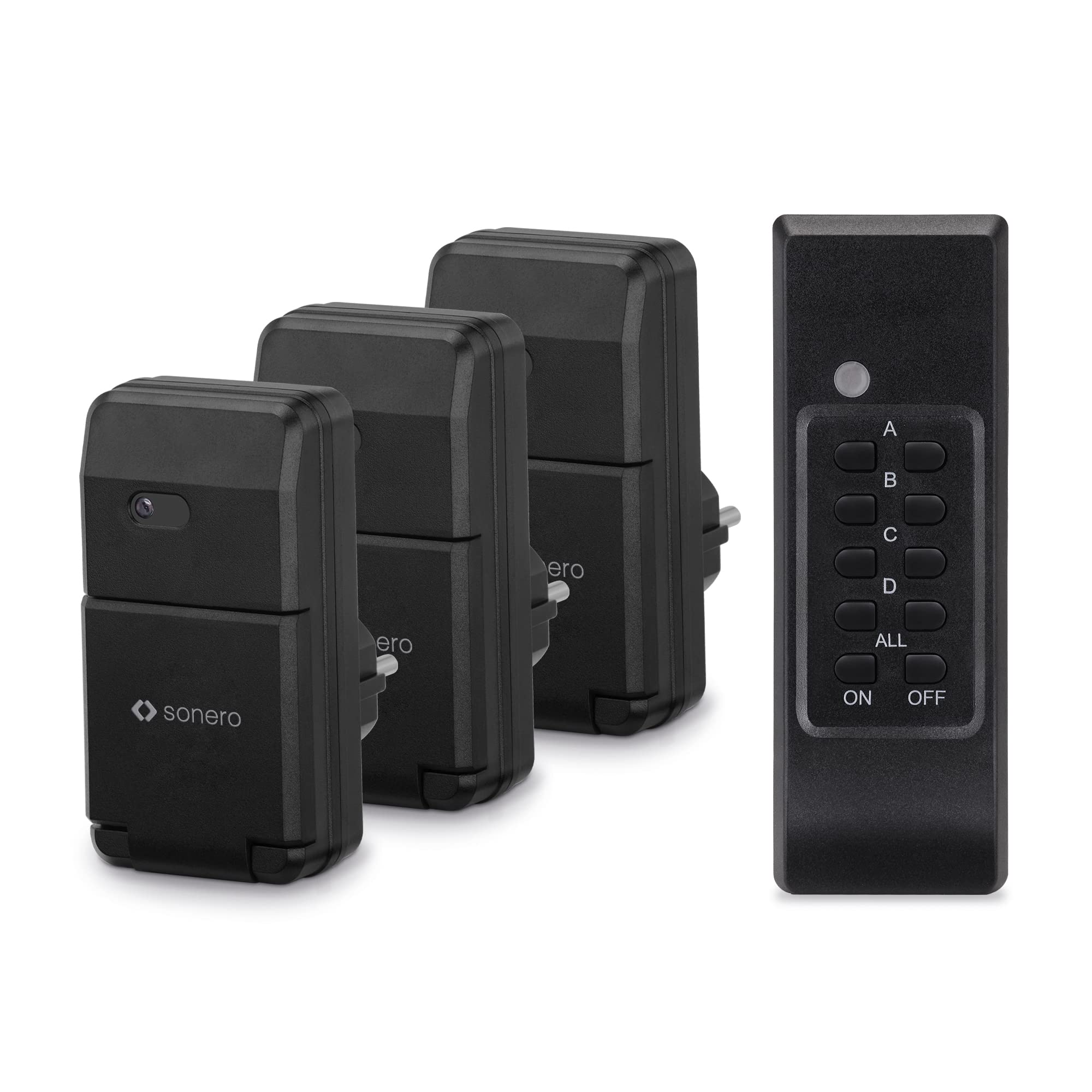 Sonero Funksteckdosen Set: 3X Funksteckdose und 1x Funkfernbedienung, 1100 Watt, max. 30m Reichweite, Outdoor, IP 44, schwarz, S-RCS303