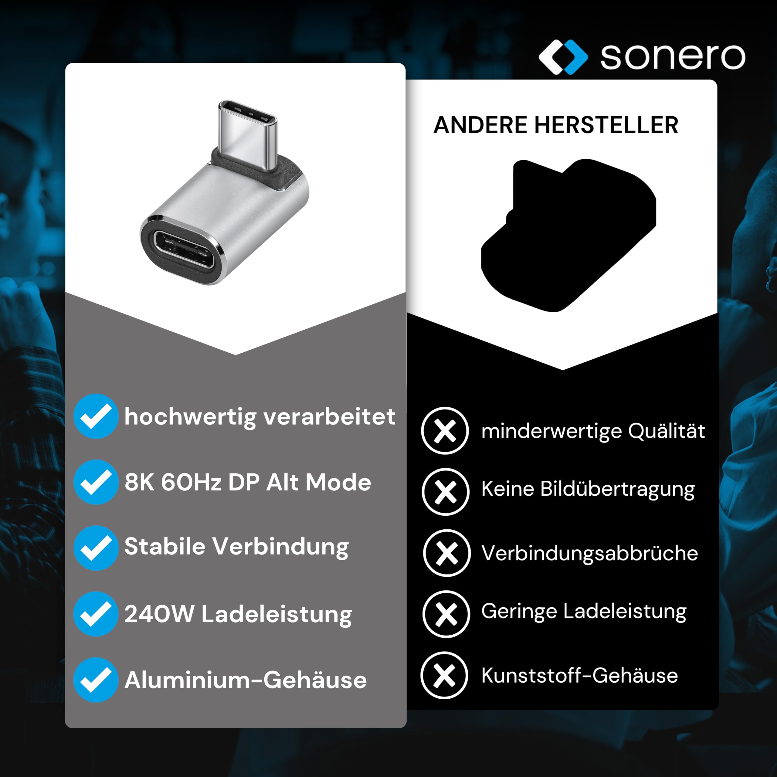 Sonero USB-C Stecker auf 90° Winkel USB-C Buchse (1er), Adapter, USB-C Adapter, 40Gbps, 240W, 8K60Hz, Aluminium Gehäuse, Silber