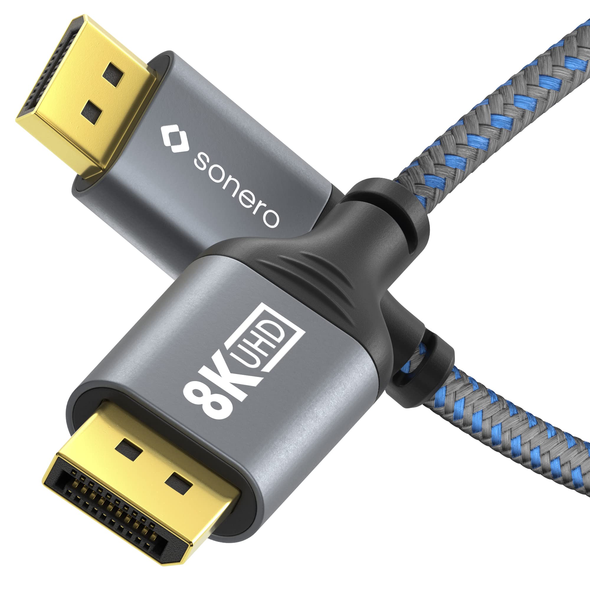 Sonero® 8K DisplayPort-Kabel 1.4, DisplayPort Stecker auf DisplayPort Stecker, 8K 60Hz, 4K 120Hz, Baumwollmantel, grau/blau, 1,00 Meter
