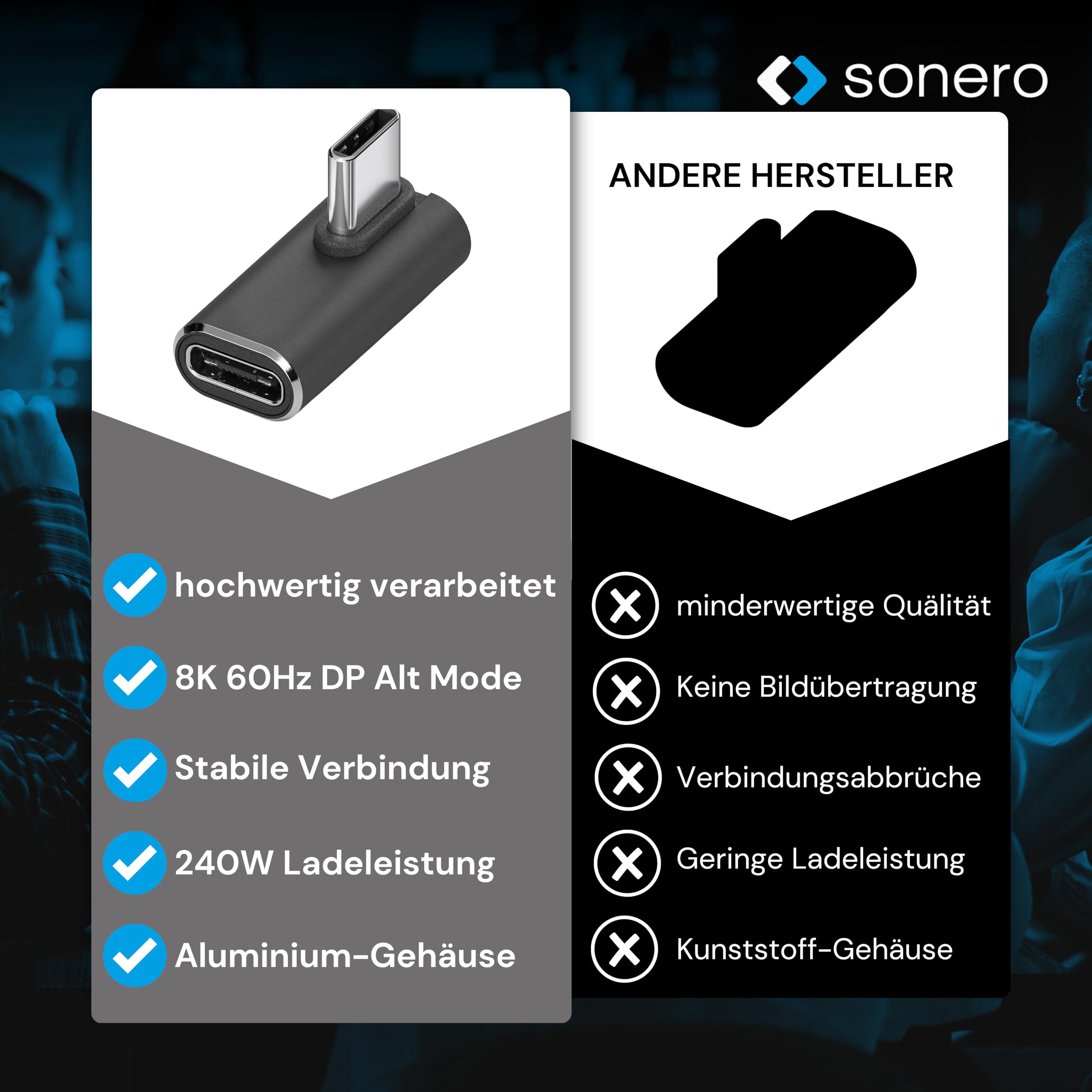 Sonero USB-C Stecker auf 90° Winkel USB-C Buchse (1er), Adapter, 40Gbps, 240W, 8K60Hz, Aluminium Gehäuse, schwarz