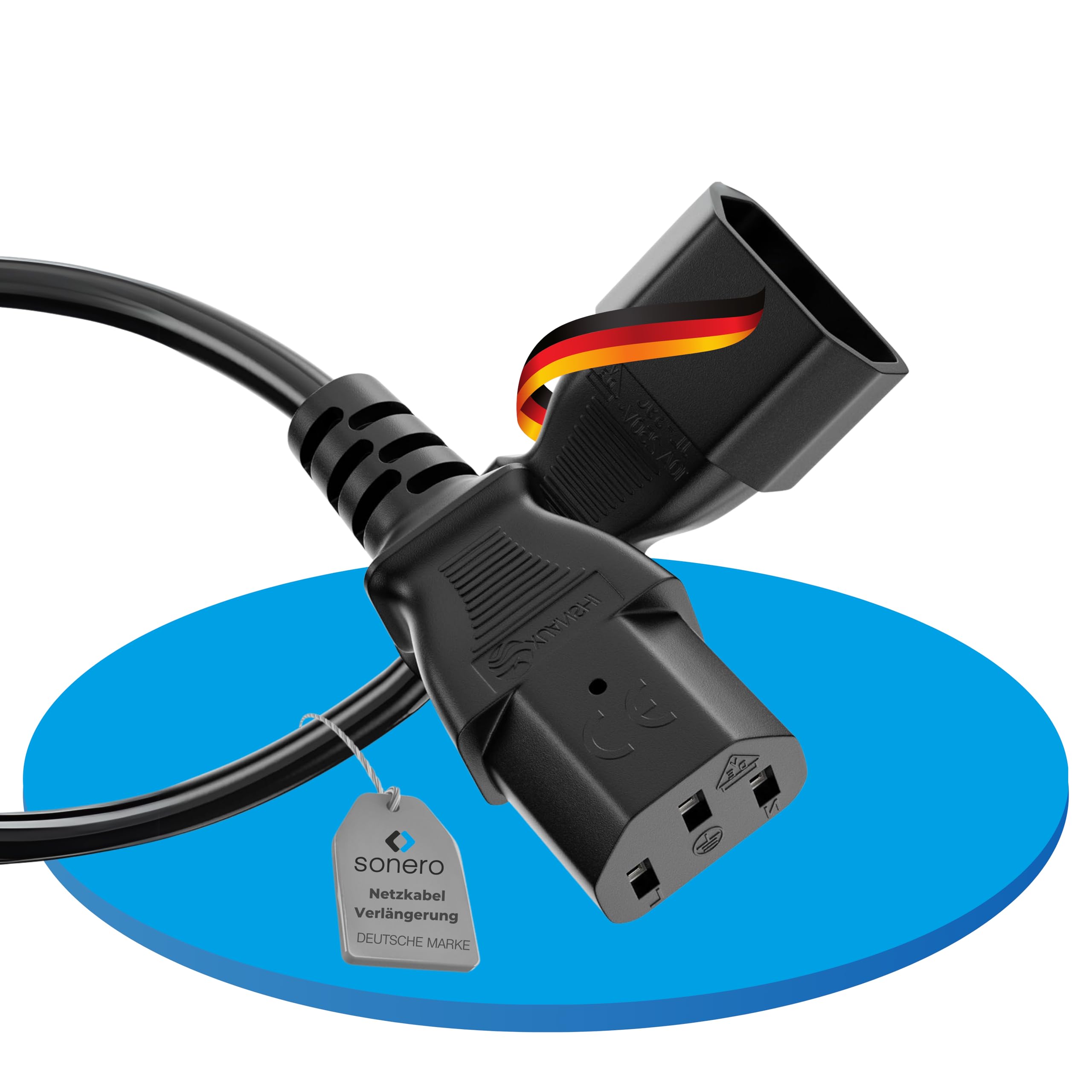 sonero Kaltgerätekabel Kaltgeräte Verlängerung 3 Polig, 1,0m, Kaltgeräte Stecker Netzstecker C14 auf Kaltgerätekupplung C13 Buchse, Verlängerungskabel Netzkabel für Monitor PC Drucker, Schwarz