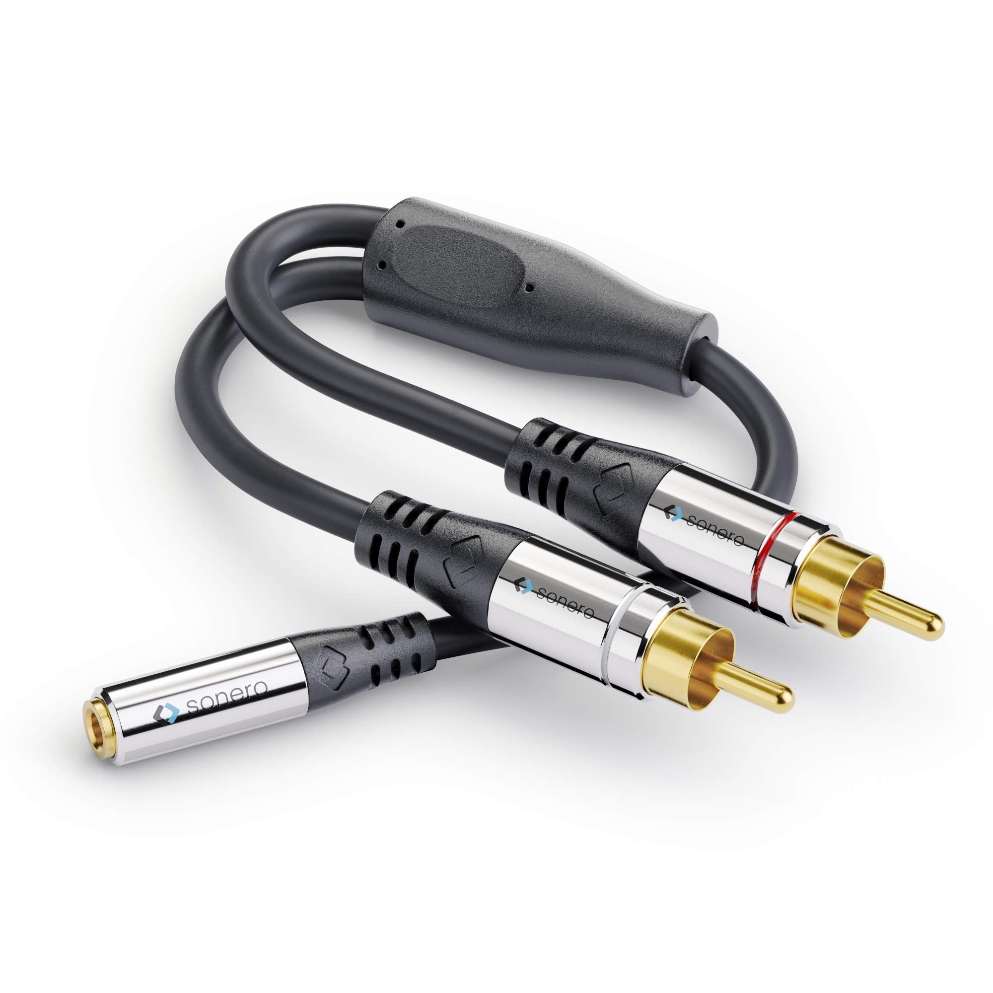 sonero® Premium Audio Adapter, 0,20m, 2X Cinch Stecker auf 3,5mm Klinke Buchse, schwarz