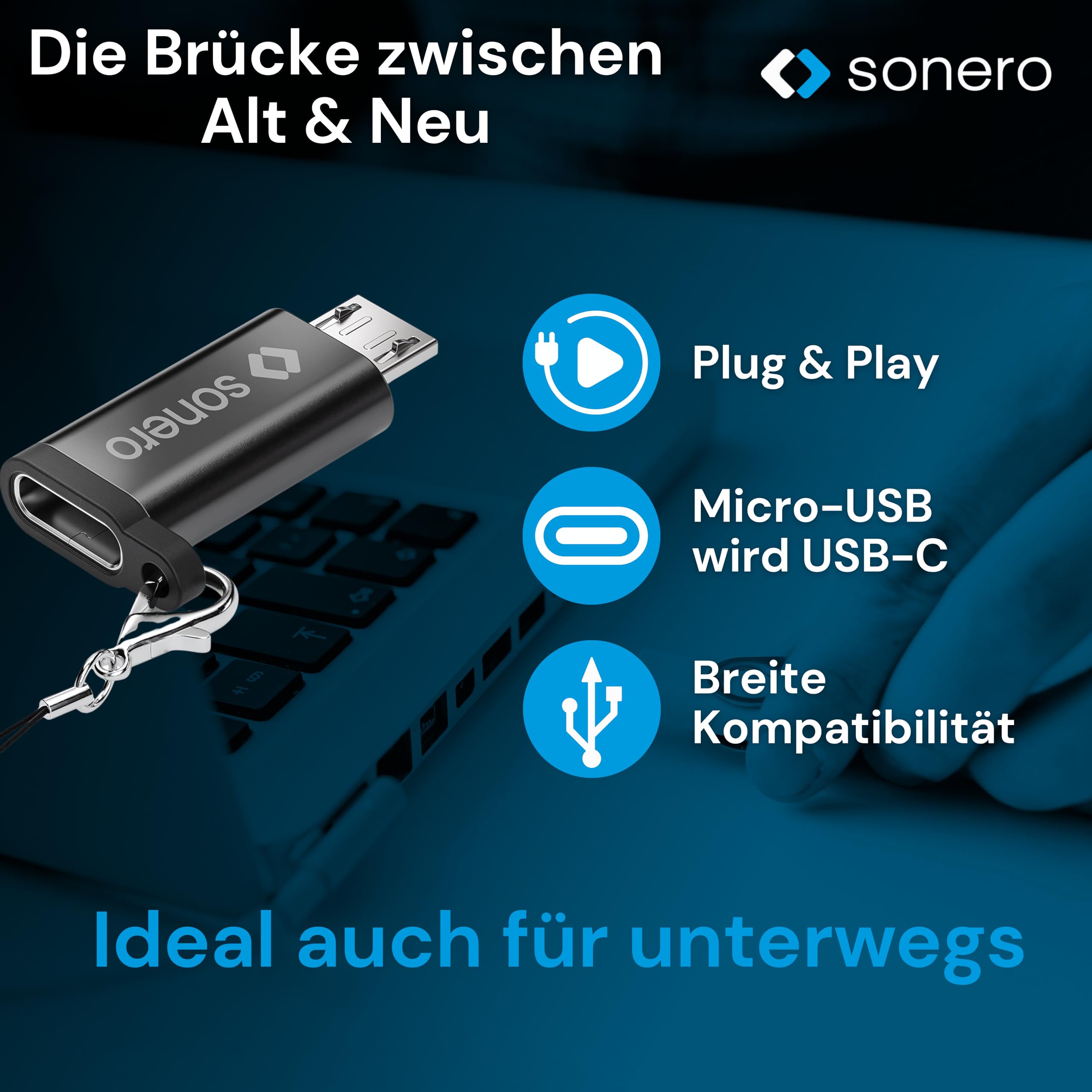 Sonero Micro USB auf USB-C Adapter, kompatibel mit Apple Geräten, OTG Unterstützung, Perfekt für e-Bikes geeignet, inkl. Schlaufe/Karabiner, Aluminium Gehäuse, schwarz