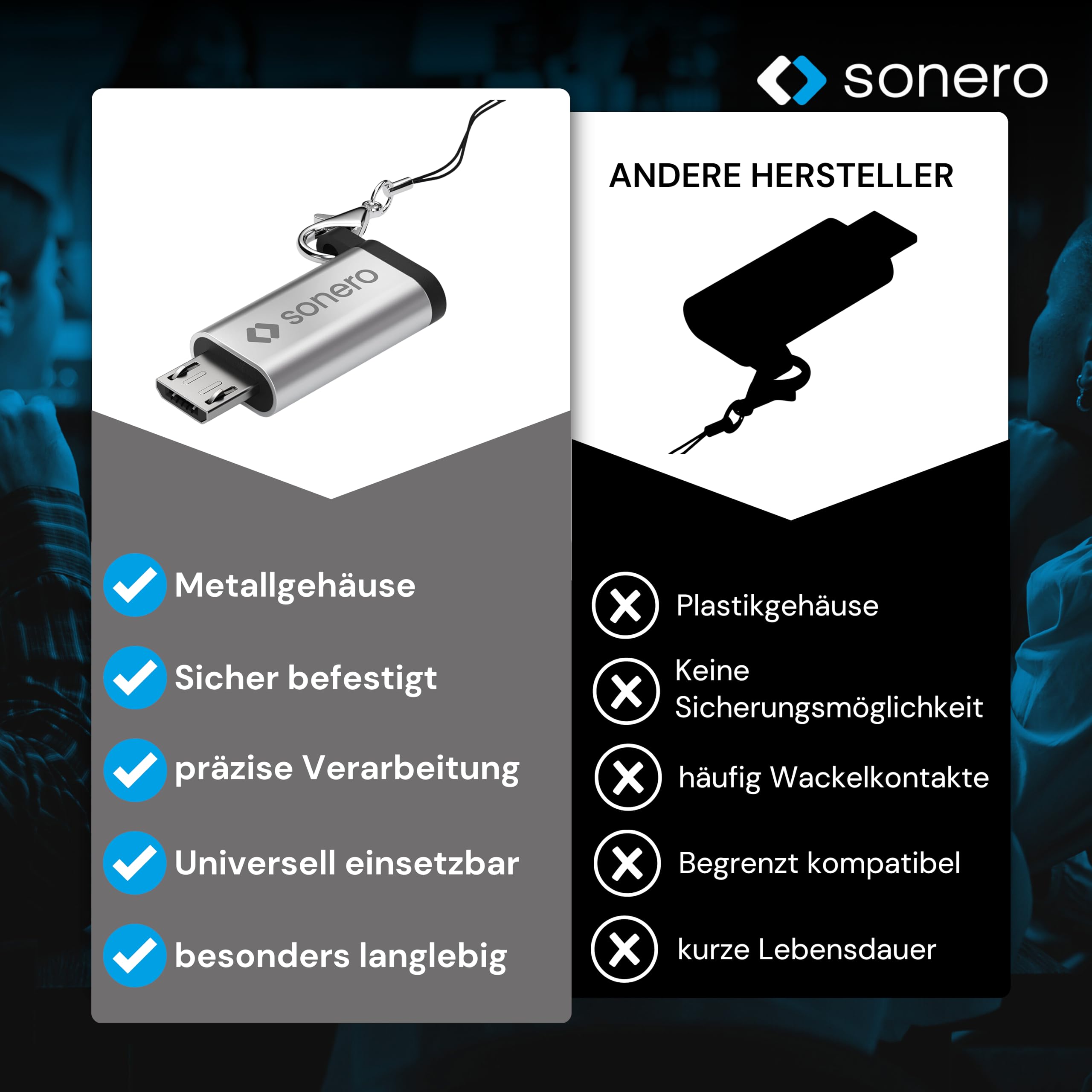 Sonero Micro USB auf USB-C Adapter, kompatibel mit Apple Geräten, OTG Unterstützung, Perfekt für e-Bikes geeignet, inkl. Schlaufe/Karabiner, Aluminium Gehäuse, Silber