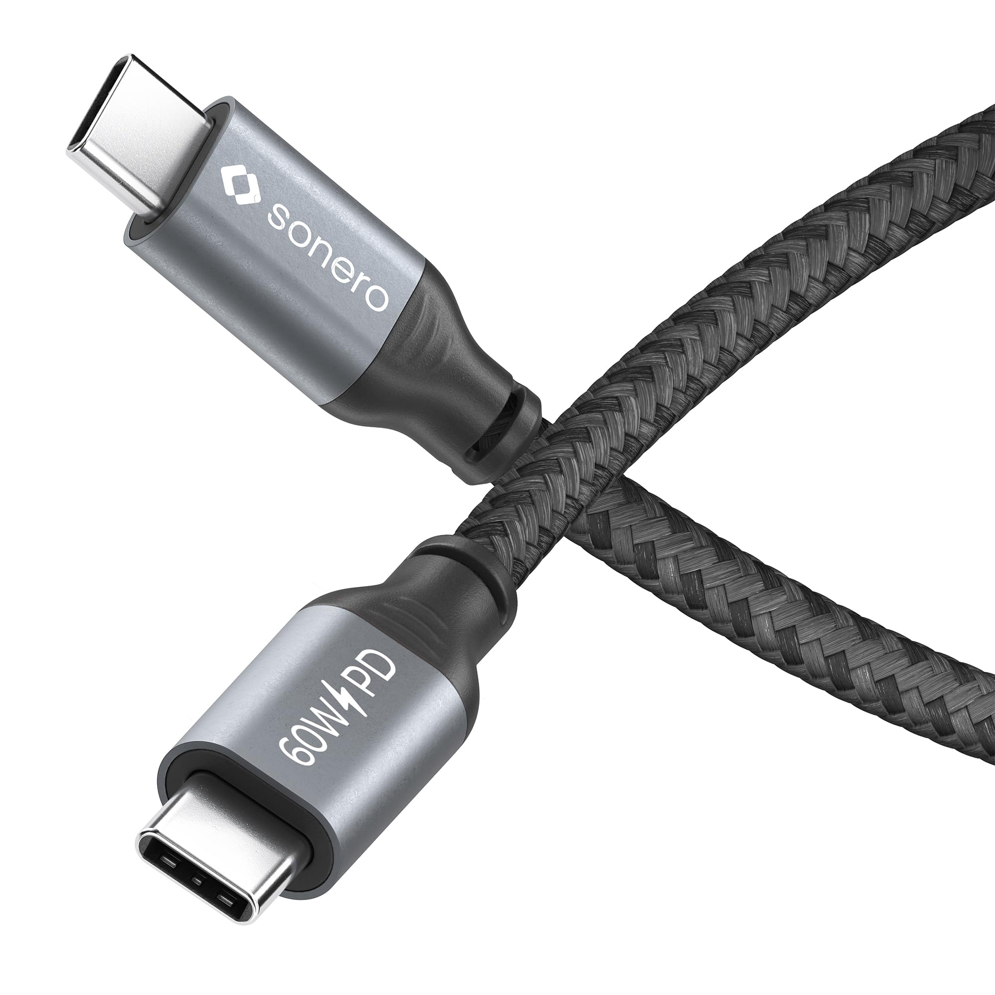 Sonero® USB-C auf USB-C Ladekabel, Handy-Ladekabel, Schnellladekabel USB C, USB Kabel Typ C, USB 2.0, 60W PD, grau/schwarz, 1,00m