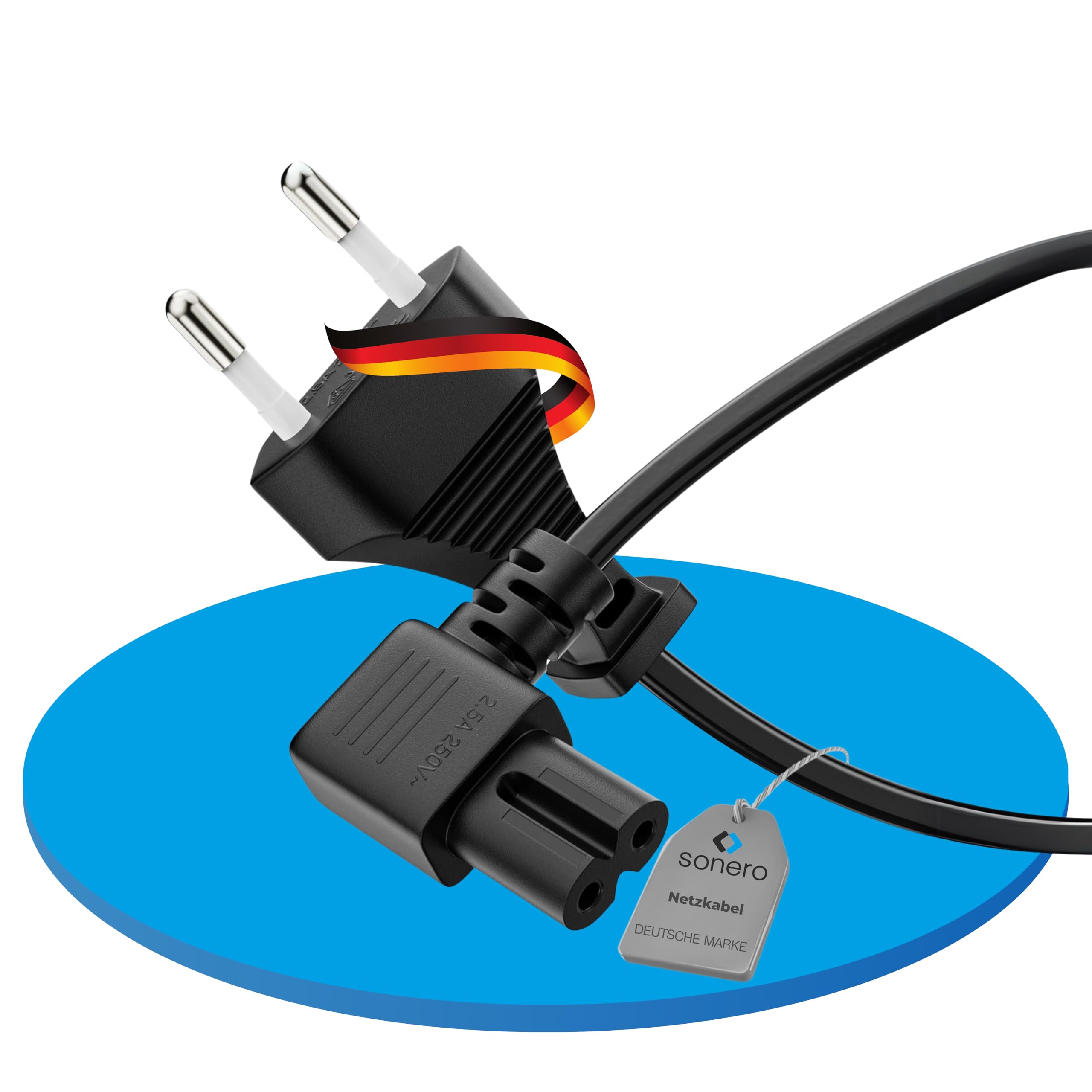 sonero Stromkabel Netzkabel 2 Polig, 5,0m, Eurostecker Typ C Netzstecker auf IEC Buchse C7 Euro 8 Stecker, 90° Winkel Netzteil Strom Kabel für TV, PS5, PS4, PS3, Haushaltsgeräte, Schwarz