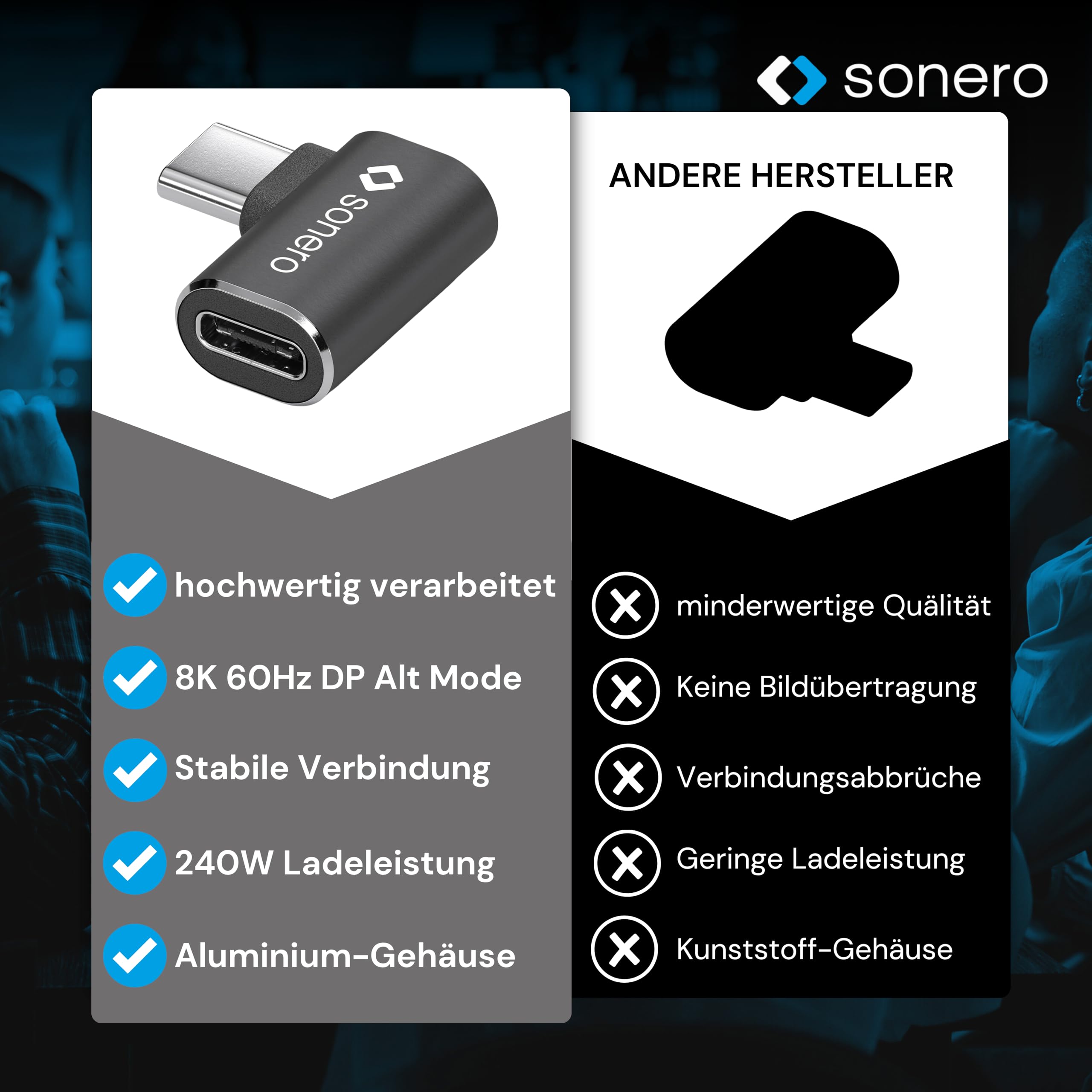 Sonero USB-C Stecker auf 90° Winkel USB-C Buchse (1er), Adapter, USB-C Adapter, 40Gbps, 240W, 8K60Hz, Aluminium Gehäuse, schwarz, X-UA133