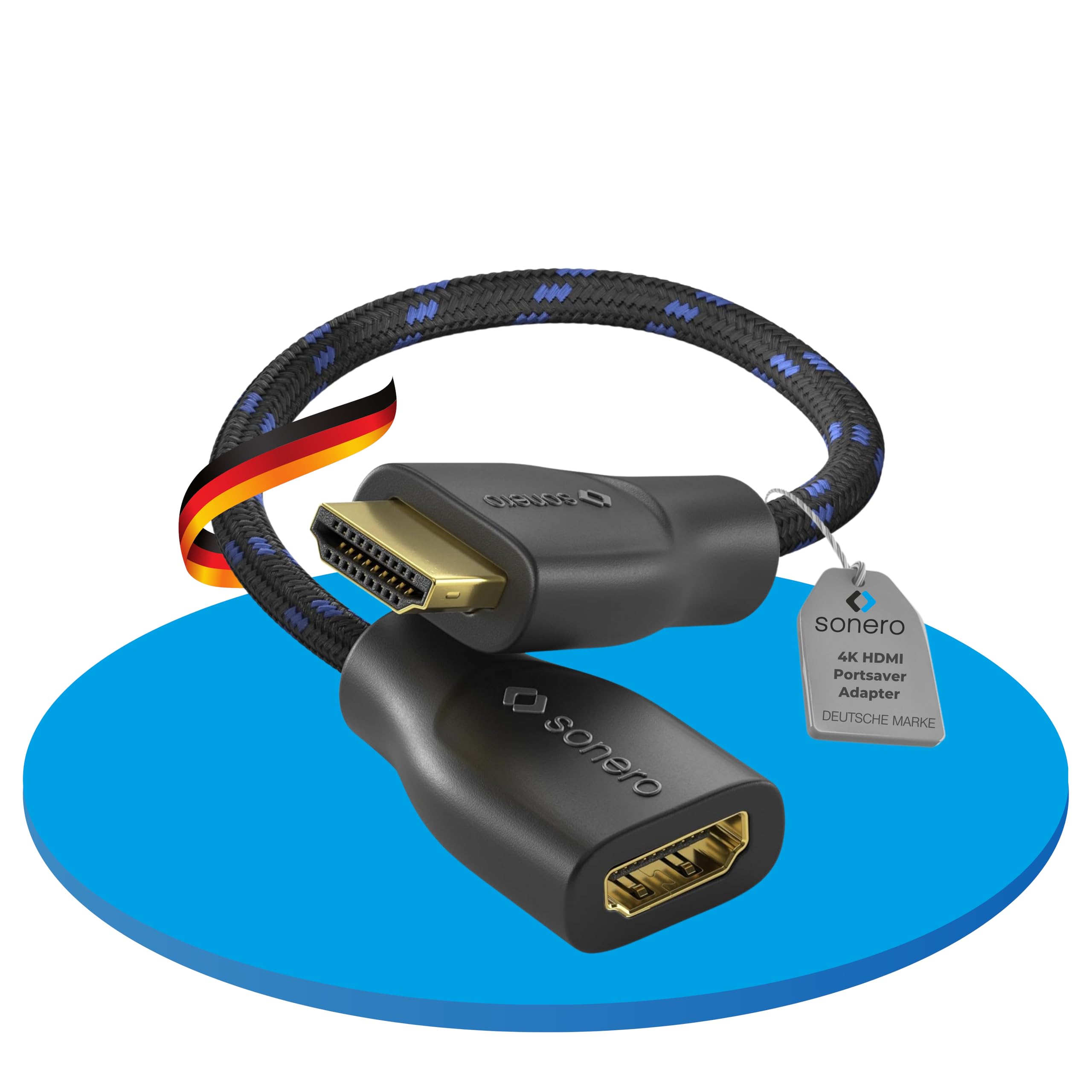 Sonero® 4K HDMI Portsaver Adapter, Premium High Speed, HDMI A Stecker auf HDMI A Buchse, vergoldete Kontakte, zweifache Abschirmung, Baumwollmantel, 0,15m