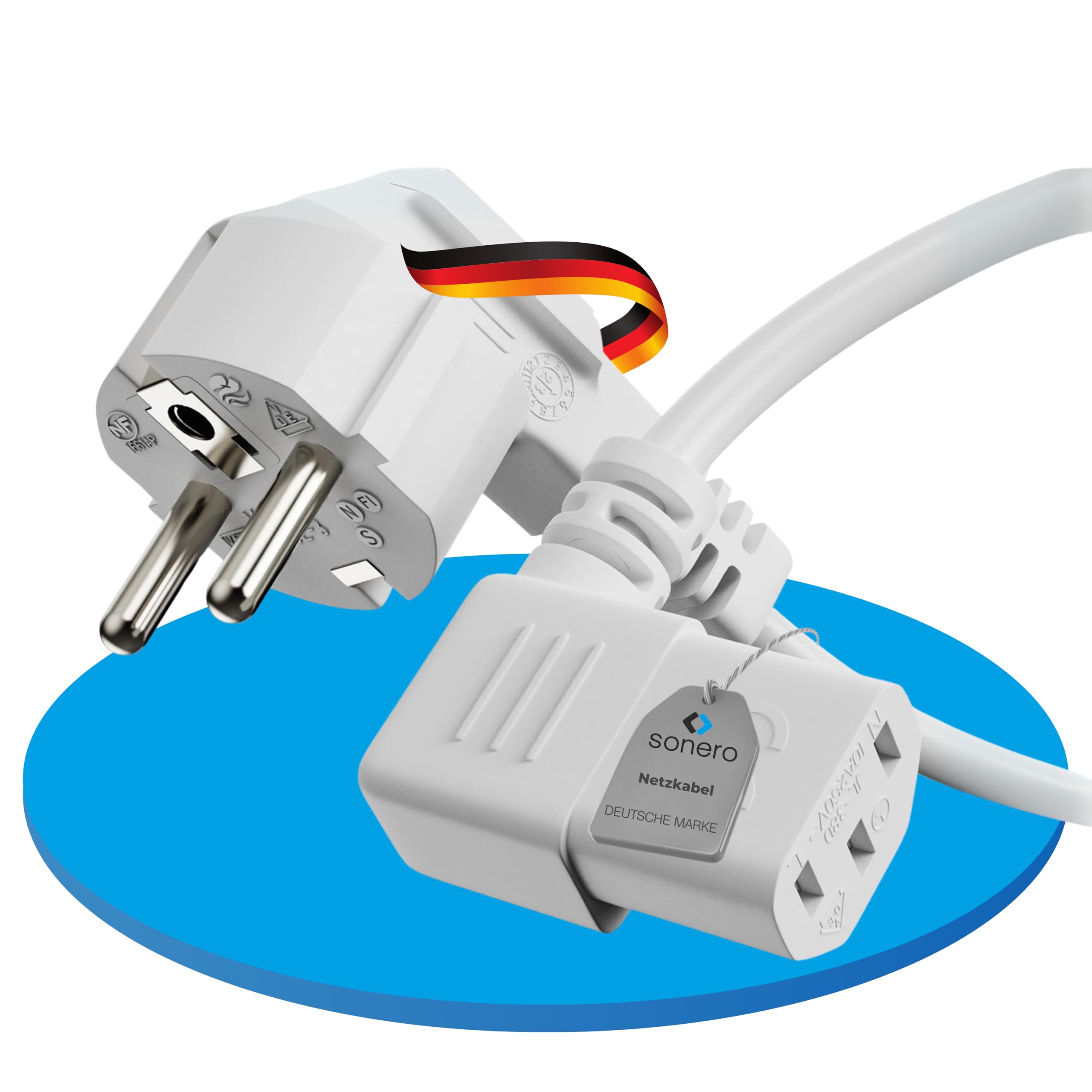 sonero Stromkabel Kaltgerätekabel 3 Polig, 3,0m, Schutzkontakt Stecker Netzstecker auf Kaltgerätekupplung C13 Buchse, 90° Winkel Netzkabel Netzteil Strom Kabel für Monitor PC Drucker, Weiß