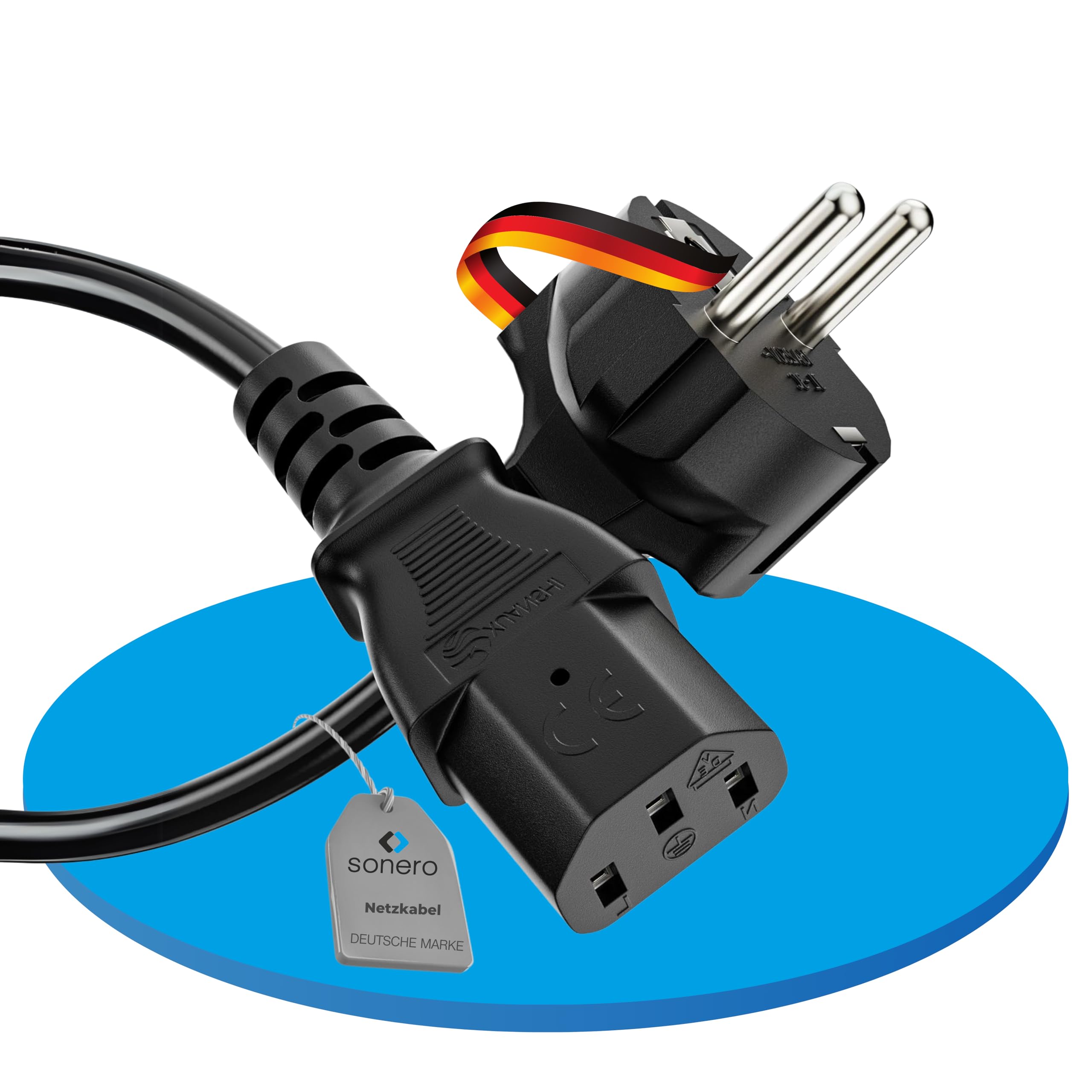 sonero Stromkabel Kaltgerätekabel 3 Polig, 5,0m, Schutzkontakt Stecker Netzstecker auf Kaltgerätekupplung C13 Buchse, Netzkabel Netzteil Strom Kabel für Monitor PC Drucker, Schwarz