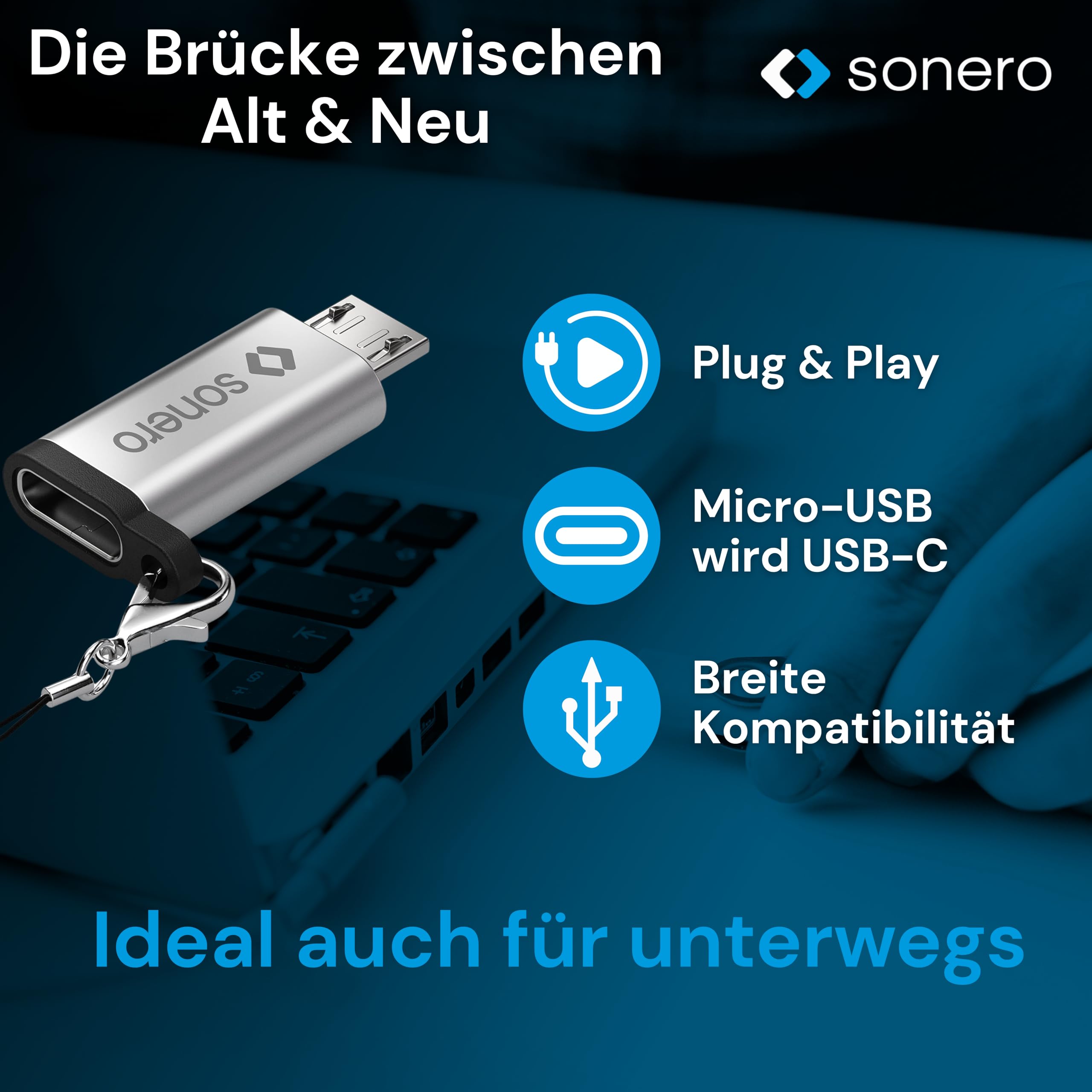 Sonero Micro USB auf USB-C Adapter, kompatibel mit Apple Geräten, OTG Unterstützung, Perfekt für e-Bikes geeignet, inkl. Schlaufe/Karabiner, Aluminium Gehäuse, Silber