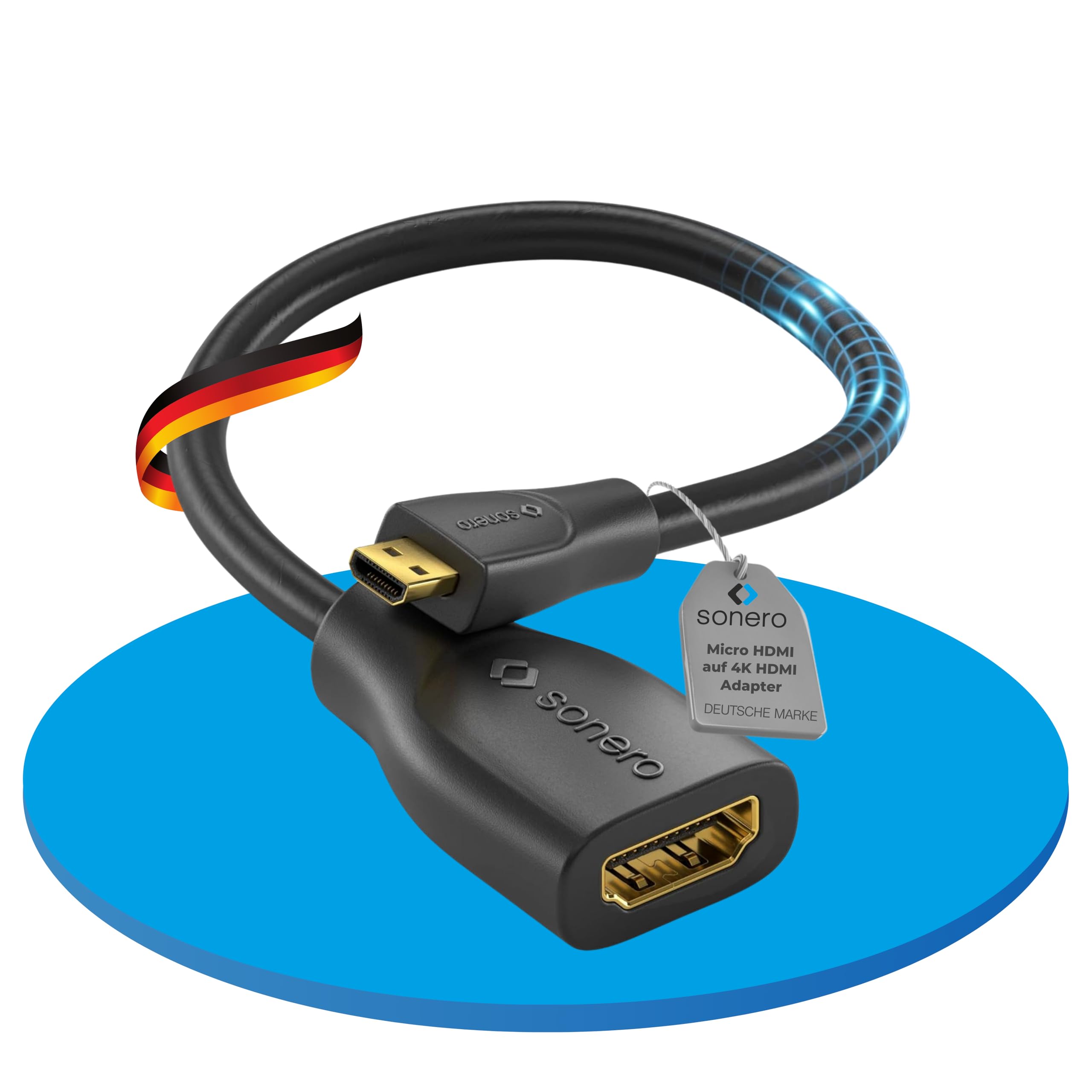 Sonero Micro HDMI auf 4K HDMI Portsaver Adapter, Premium High Speed, Micro HDMI D Stecker auf HDMI A Buchse, vergoldete Kontakte, zweifache Abschirmung, PVC-Mantel, 0,15m, (X-PHA030-0015)