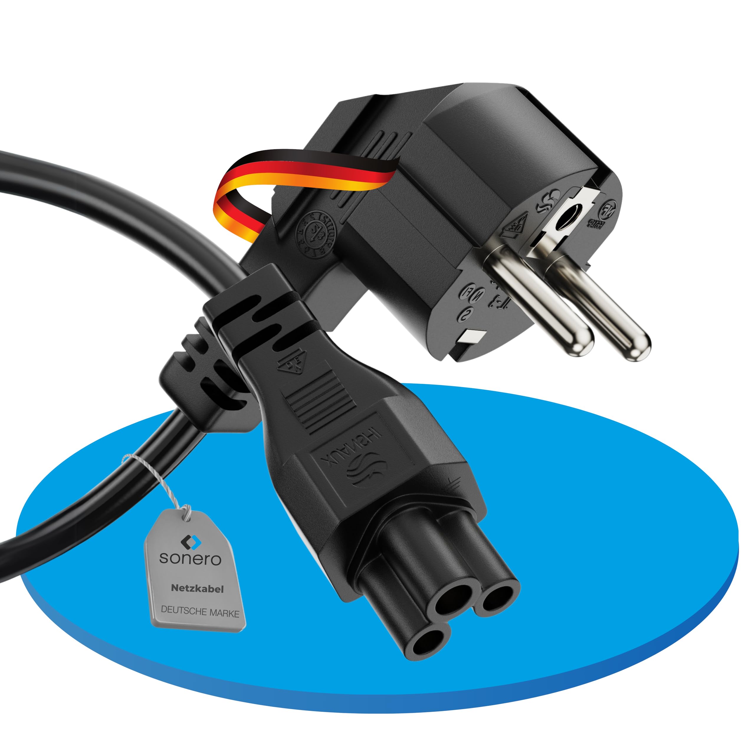 sonero Stromkabel 3 Polig, 1,5m, Schutzkontakt Stecker Netzstecker auf C5 Buchse,Netzkabel Netzteil Strom Kabel für Monitor PC Laptop, Schwarz