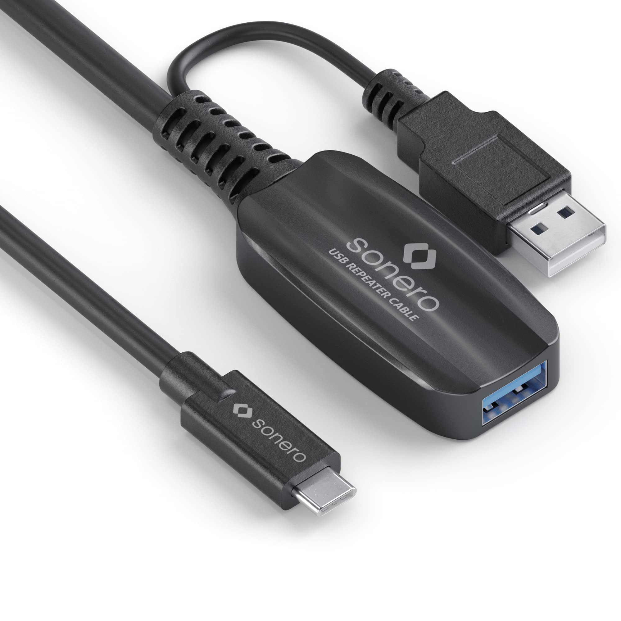Sonero® USB 3.2 Aktive Verlängerung, USB-C Stecker auf USB-A Buchse, 5GB/s Datenübertragung, integrierte Stromversorgung, schwarz, Länge: 10,00m