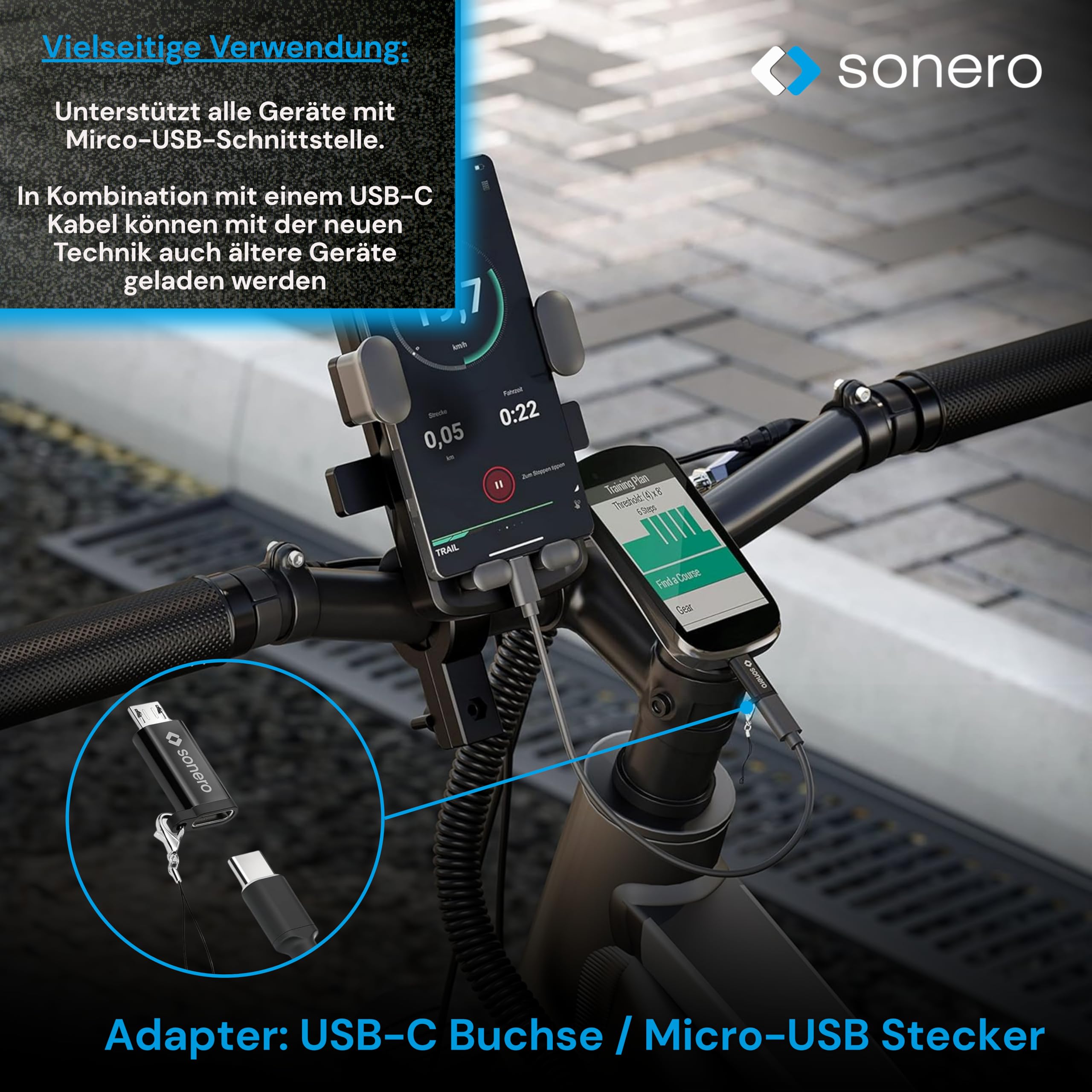 Sonero Micro USB auf USB-C Adapter, kompatibel mit Apple Geräten, OTG Unterstützung, Perfekt für e-Bikes geeignet, inkl. Schlaufe/Karabiner, Aluminium Gehäuse, schwarz