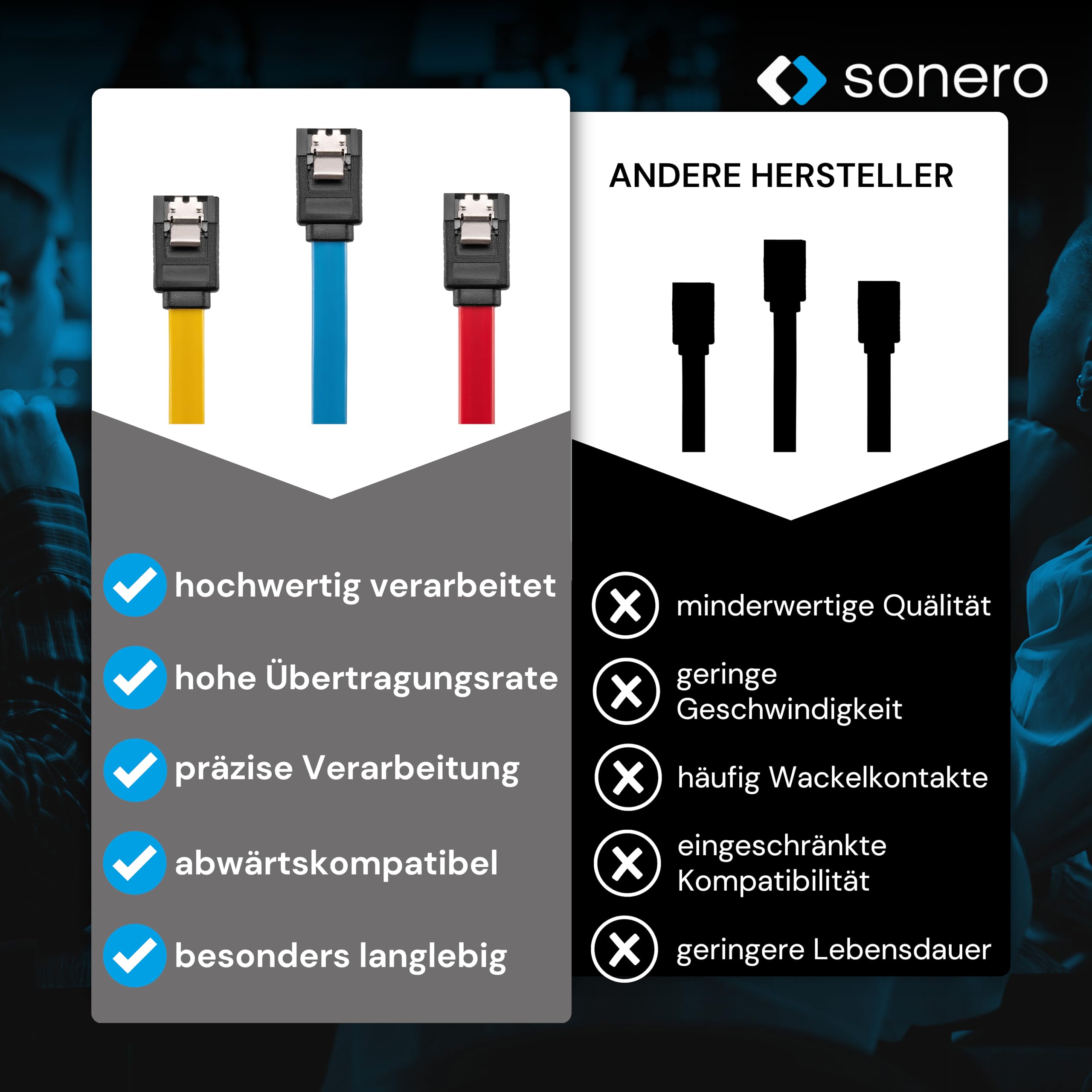 Sonero® SATA III 6Gb/s Datenkabel-Set, 3x 0,50m, rot/gelb/blau