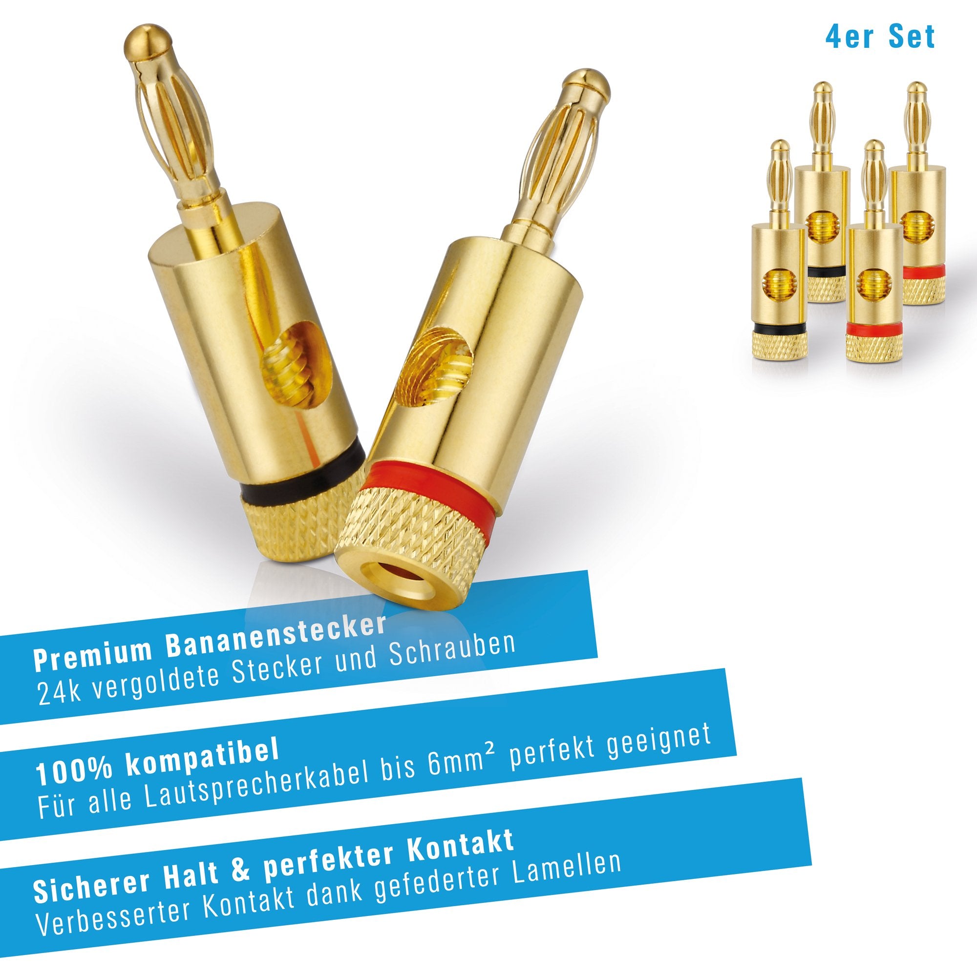 Sonero Bananenstecker Premium (4er-Set) für alle Lautsprecherkabel mit einem Durchmesser von max. 6mm², 4 Stück mit Farbcodierung (2x rot, 2x schwarz), 24k vergoldet