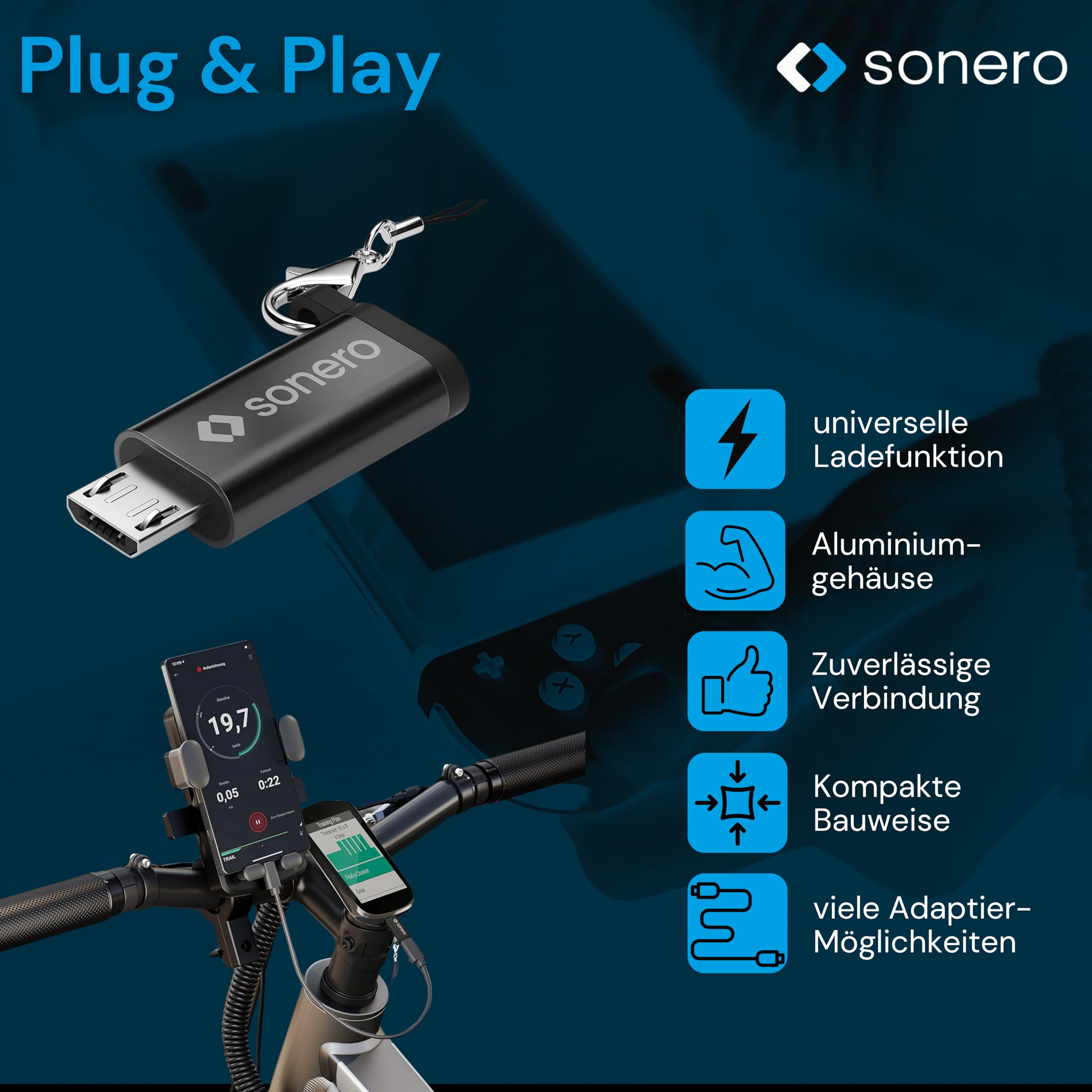 Sonero Micro USB auf USB-C Adapter, kompatibel mit Apple Geräten, OTG Unterstützung, Perfekt für e-Bikes geeignet, inkl. Schlaufe/Karabiner, Aluminium Gehäuse, schwarz