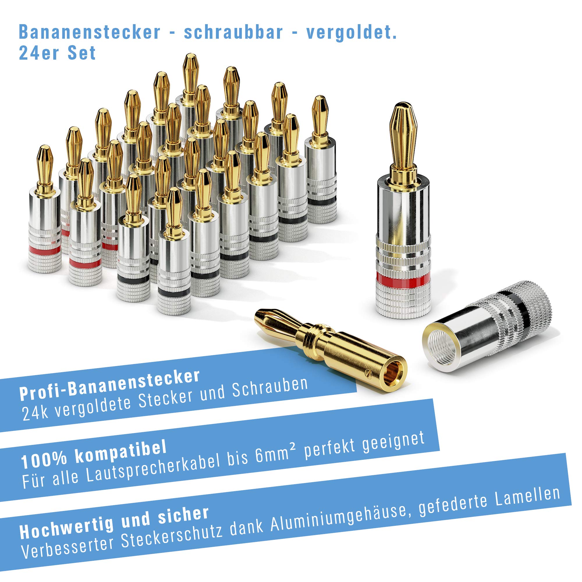 Sonero Bananenstecker 24er-Set, für alle Lautsprecherkabel mit einem Durchmesser bis max. 6mm², 4 Stück mit Farbcodierung (12x rot, 12x schwarz), 24k vergoldet, S-SC000-24, 24-er set