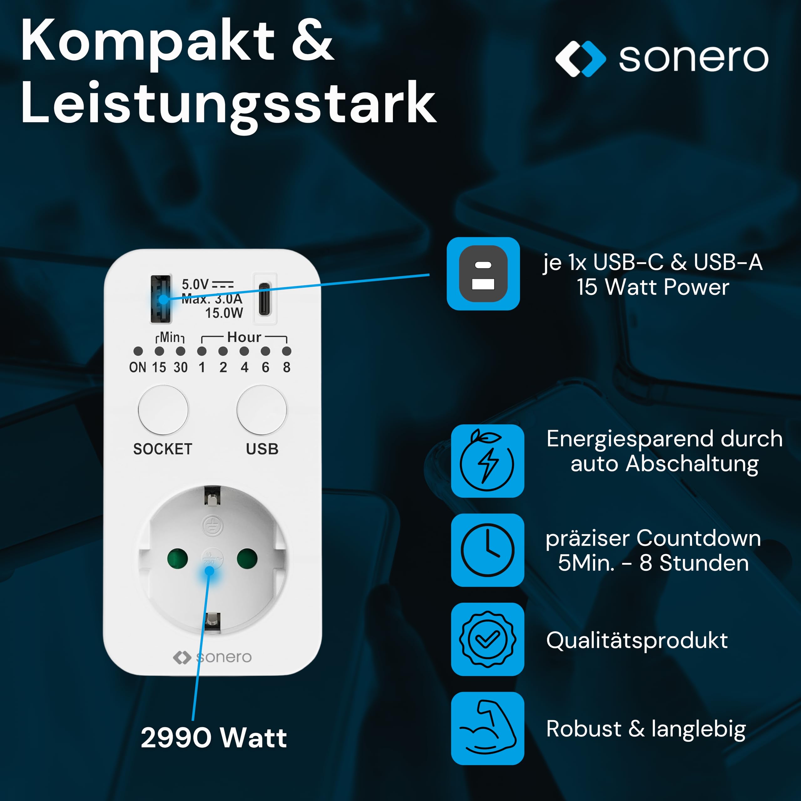 Sonero Timer Steckdose, Countdown Schaltsteckdose, Schaltuhr 230V, Timersteckdose mit USB und USB C Anschluss, Zeitschaltsteckdose programmierbar, Zeitschalter weiß