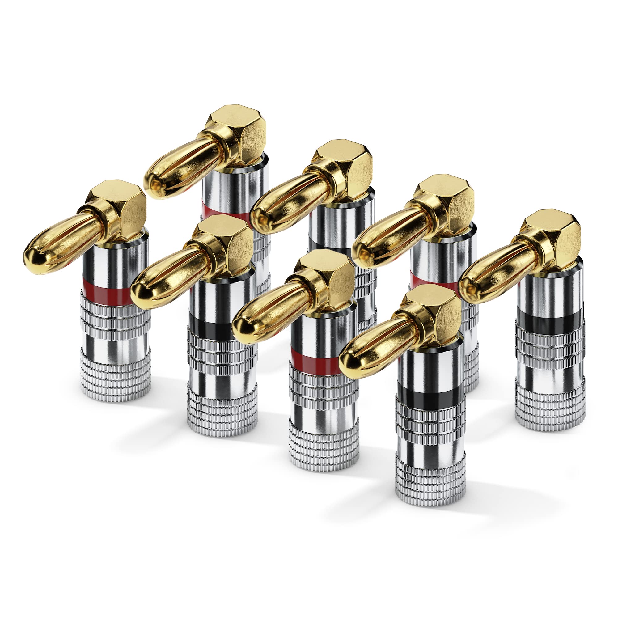 Sonero® Bananenstecker 90° gewinkeltes 8er-Set, für alle Lautsprecherkabel mit einem Durchmesser bis max. 6mm², 8 Stück mit umlaufenden Farbring (4x rot, 4x schwarz), 24k vergoldet