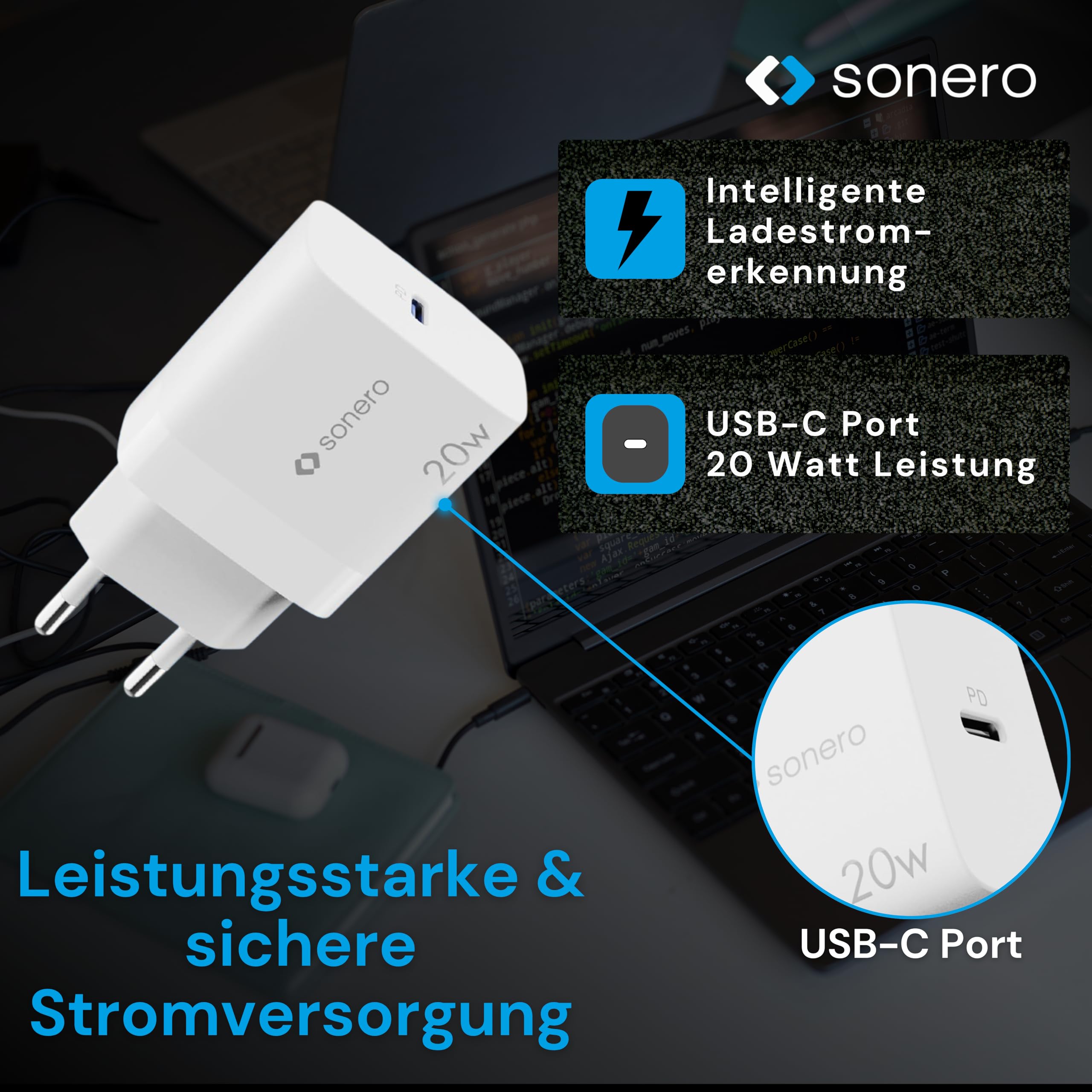 sonero USB C Ladegerät, Ladestecker Adapter, Netzteil 20 Watt Schnellladegerät kompatibel mit Apple iPhone 15, Samsung, Tablet, Laptop uvm, Mehrfach PD Charger, Weiß