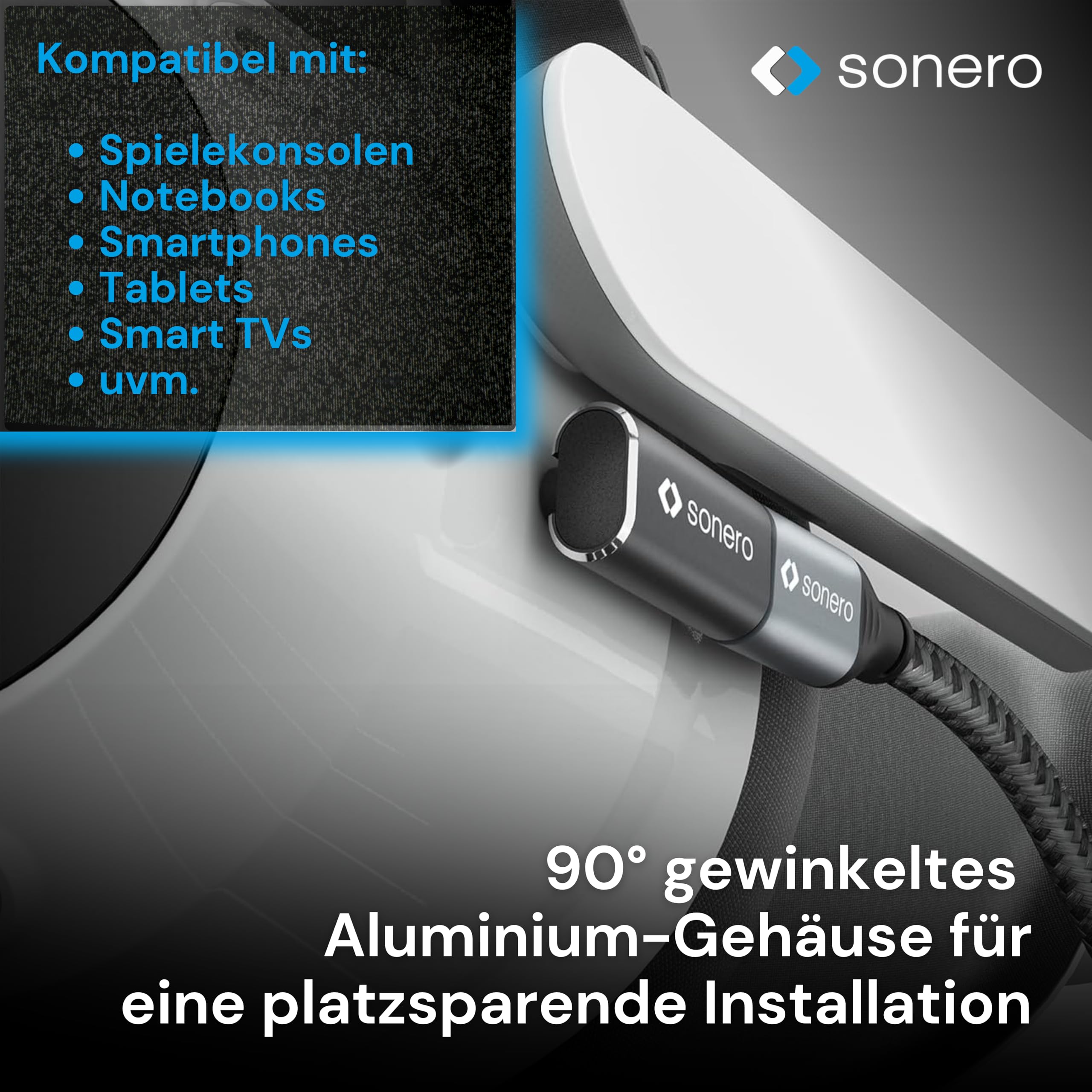 Sonero USB-C Stecker auf 90° Winkel USB-C Buchse (1er), Adapter, 40Gbps, 240W, 8K60Hz, Aluminium Gehäuse, schwarz