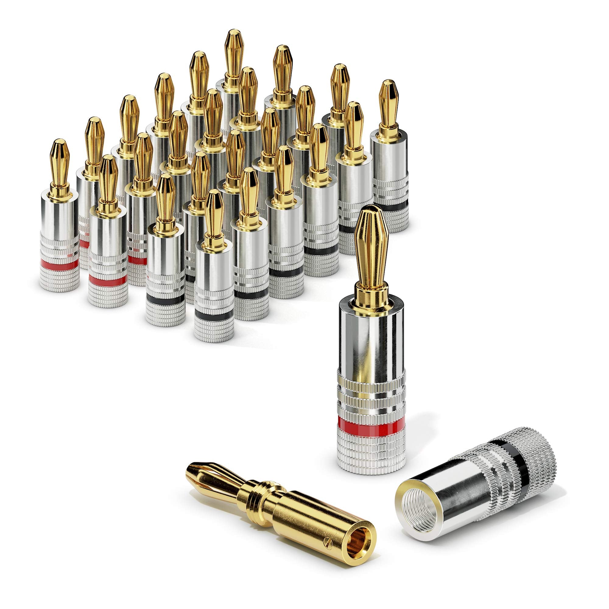 Sonero Bananenstecker 24er-Set, für alle Lautsprecherkabel mit einem Durchmesser bis max. 6mm², 4 Stück mit Farbcodierung (12x rot, 12x schwarz), 24k vergoldet, S-SC000-24, 24-er set