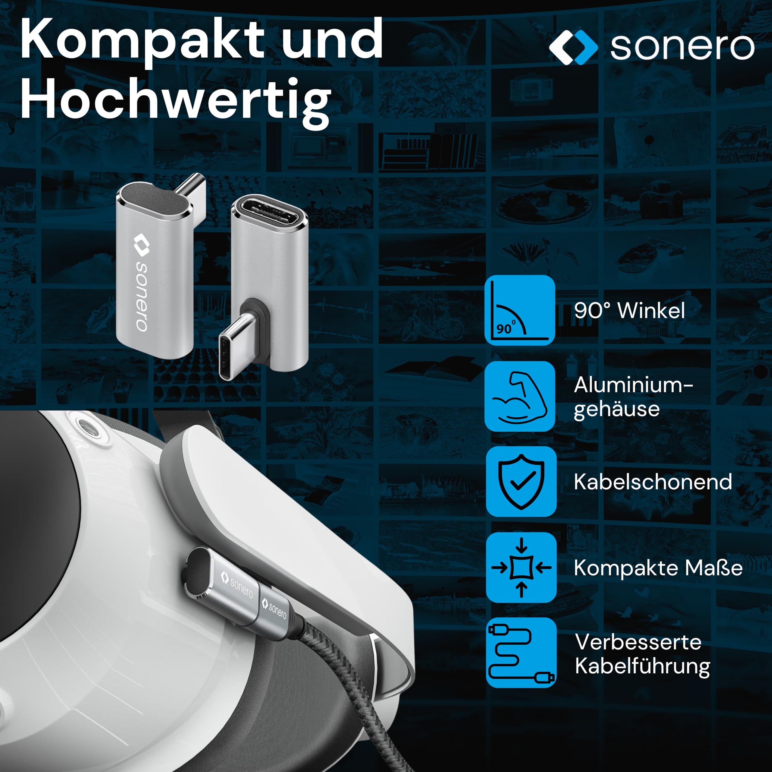 Sonero USB-C Stecker auf 90° Winkel USB-C Buchse (1er), Adapter, 40Gbps240W, 8K60Hz, Aluminium Gehäuse, Silber